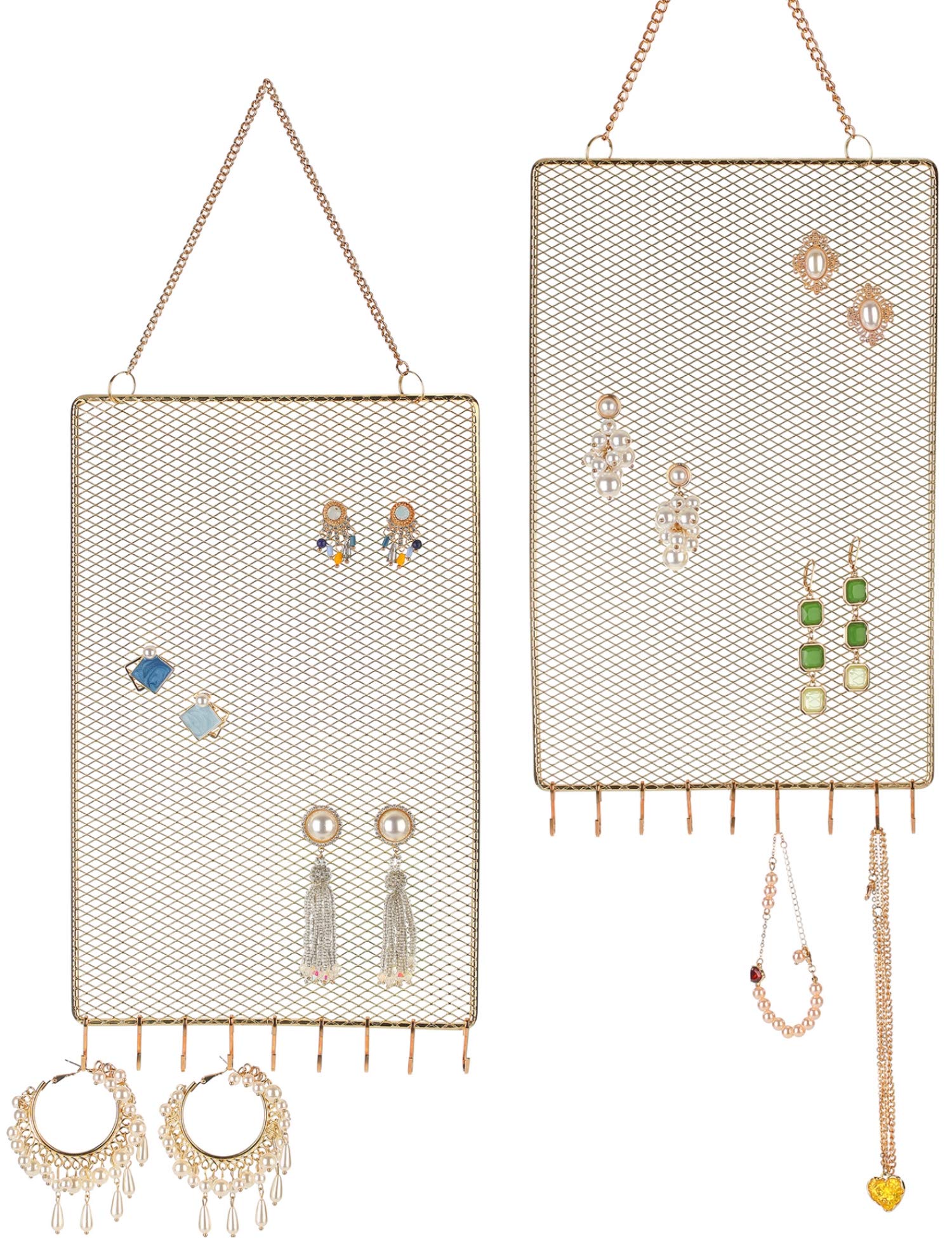 Heesch 2 Pack Earring Holder Wall Mounted Hanging Jewelry Organizer Display Decorative Metal Diamond Shape with Hooks for Neckla