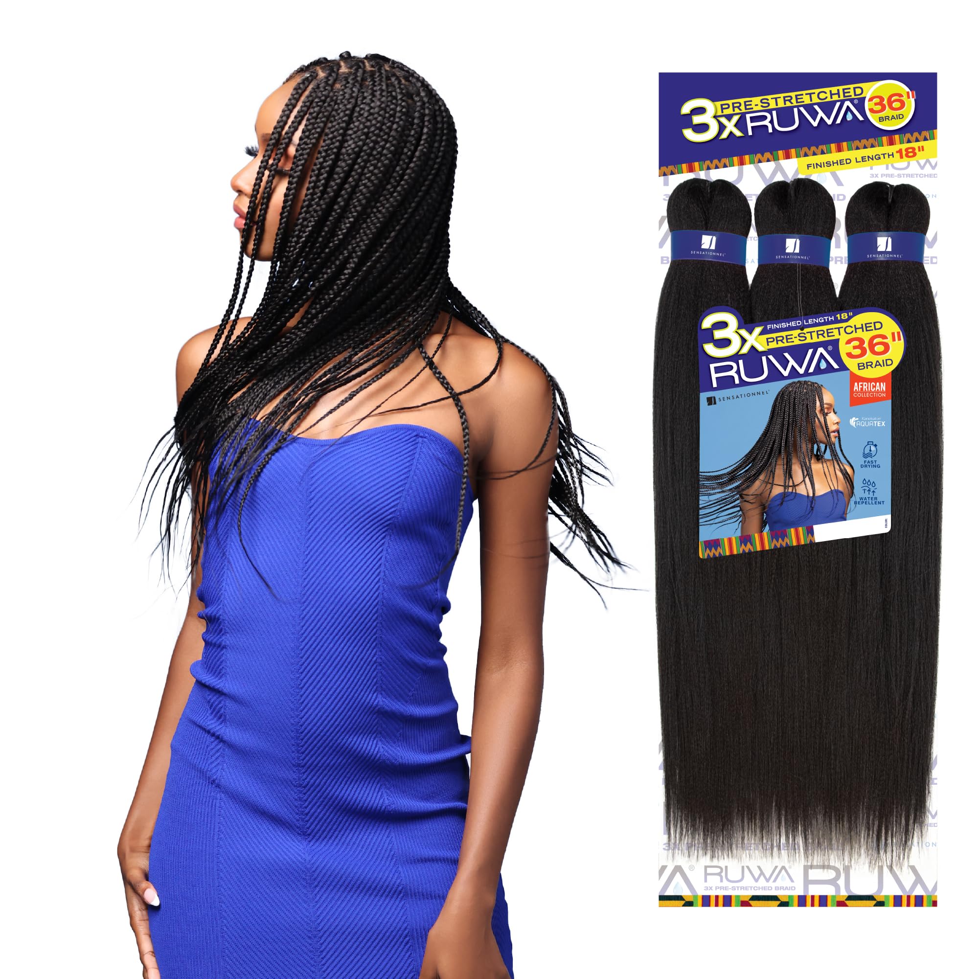 Sensationnel Ruwa Prestretched Braiding Hair - 3X Ruwa 18Inch Water Repellent Kanekalon Fast Dry Synthetic Braid - 3X Ruwa 18 In