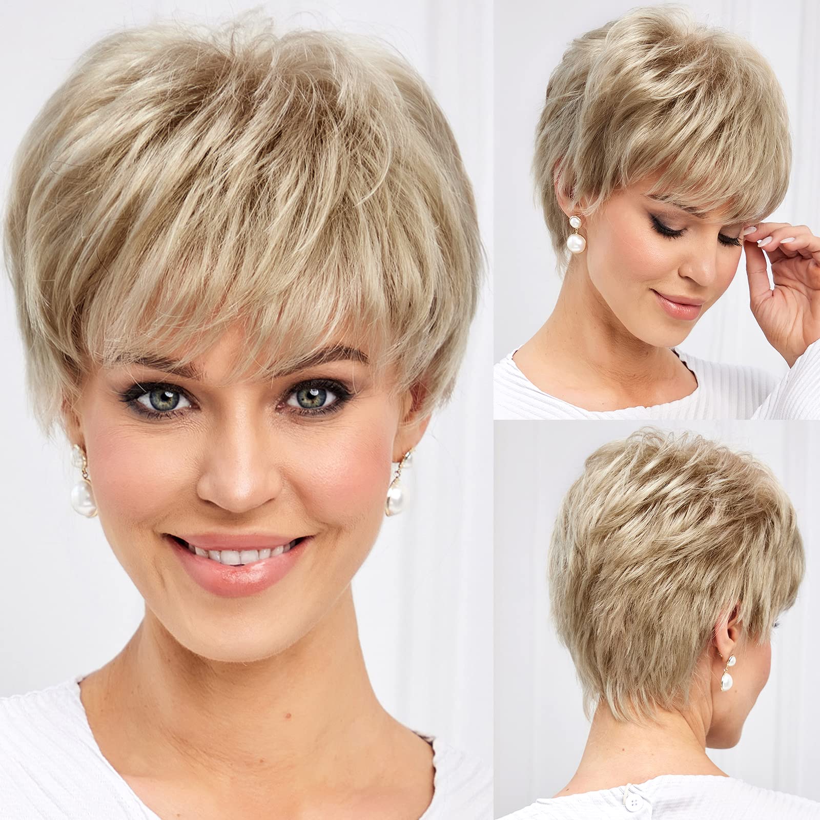 EMMOR Short Wigs for Women Memory Fiber Simulated Human Hair Pixie Curly Wig With Bang,Natural Daily Use Hair(Color 25# Ash Blon