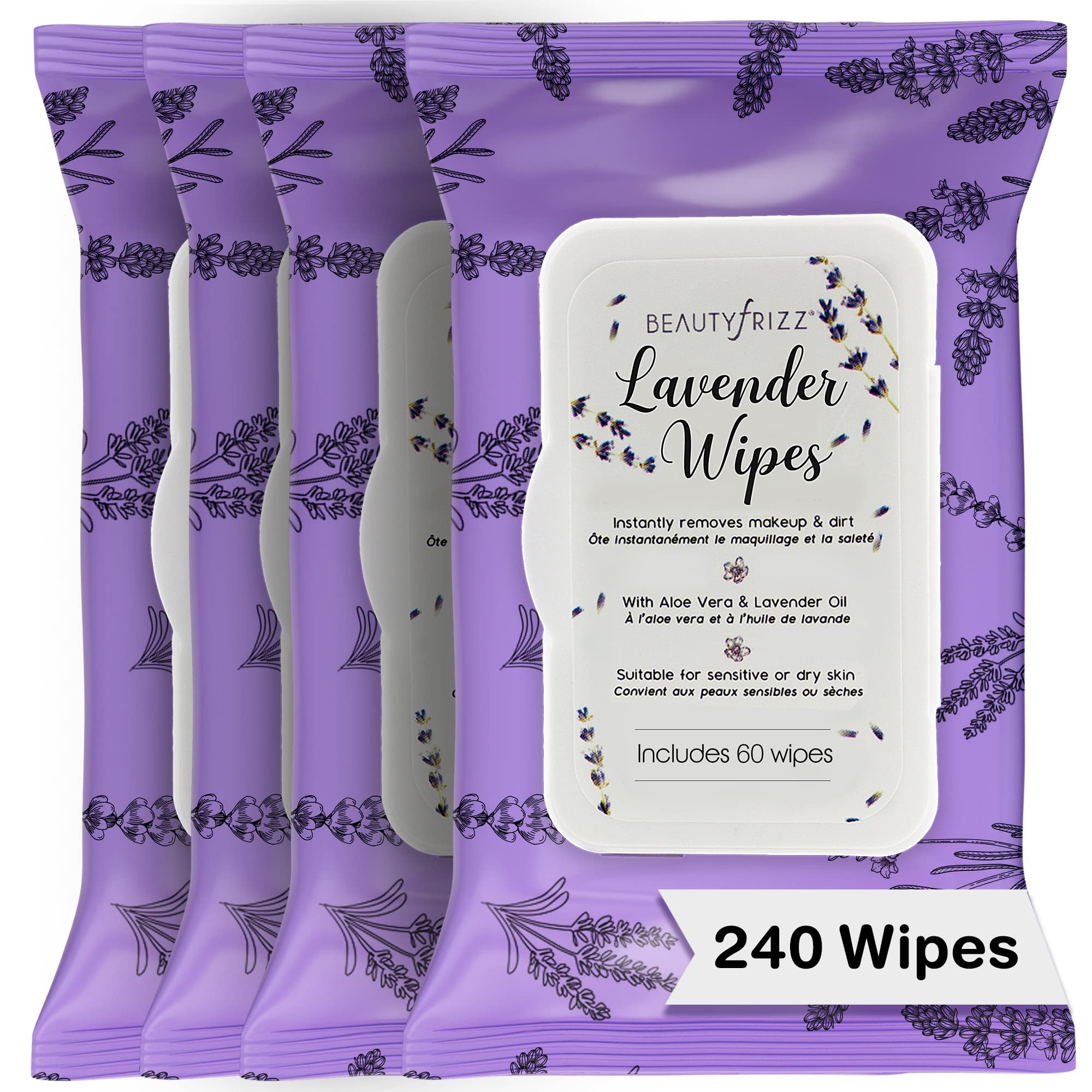 BeautyFrizz Lavender Face Wipes - 240 pcs - Gentle Makeup Remover Wipes for Women - Facial Cleansing Wipe with Aloe, Castor, Vit