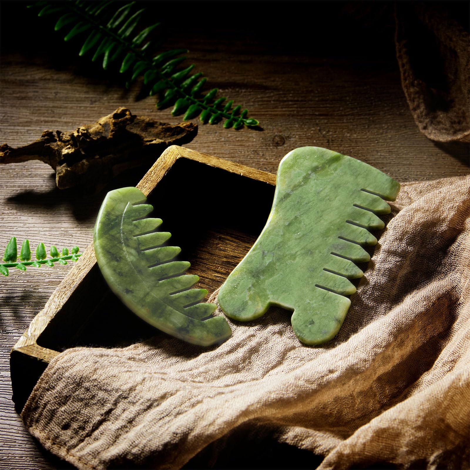 BBTO 2 Pcs Jade Comb for Scalp Massage Gua sha Comb for Head Body spa Hair Multifunctional Handheld Massage Tools(Round, Classic