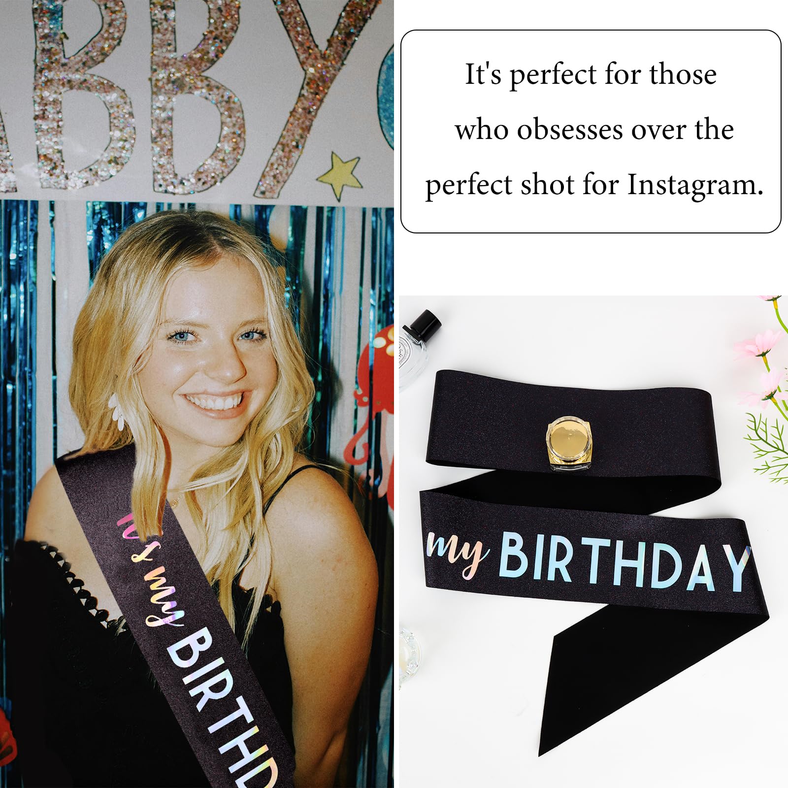 CIEHER 71.65 L x 3.6 W Black Birthday Sash - It's My Birthday Glitter Fabric Sash for Women, Girls, and All Ages