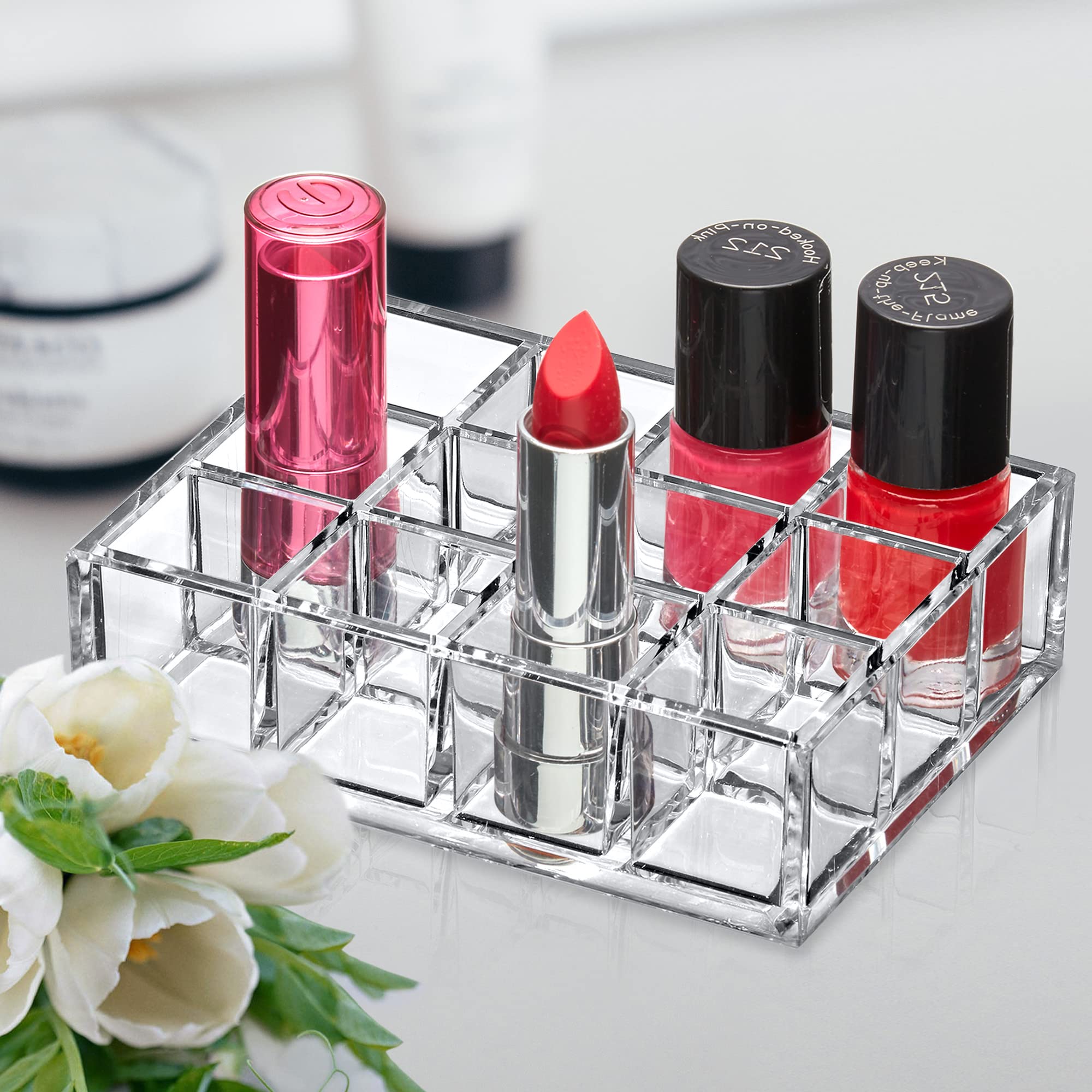 Amazing Abby - Allure - 12-Slot Acrylic Lipstick Organizer, Lipstick Holder, Lip Gloss Organizer, Cosmetic Storage Display, Perf
