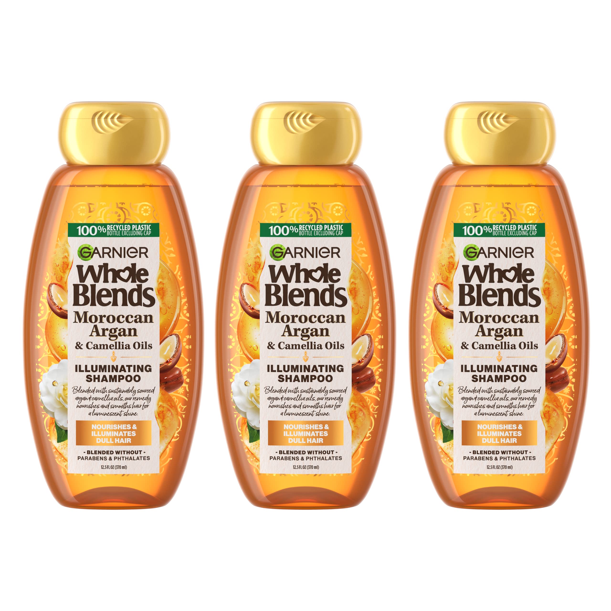 Garnier Whole Blends Moroccan Argan & Camellia Oils Illuminating Shampoo for Silky Shine, 12.5 Fl Oz, 3 Count (Packaging May Var