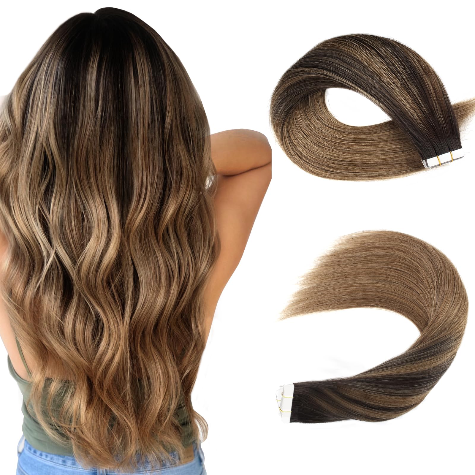 Sassina Balayaged Tape In Hair Extensions Semi-Permanent Tape Attached Real Remy Human Hair Extensions 50G 20Pcs Skin Weft Tape
