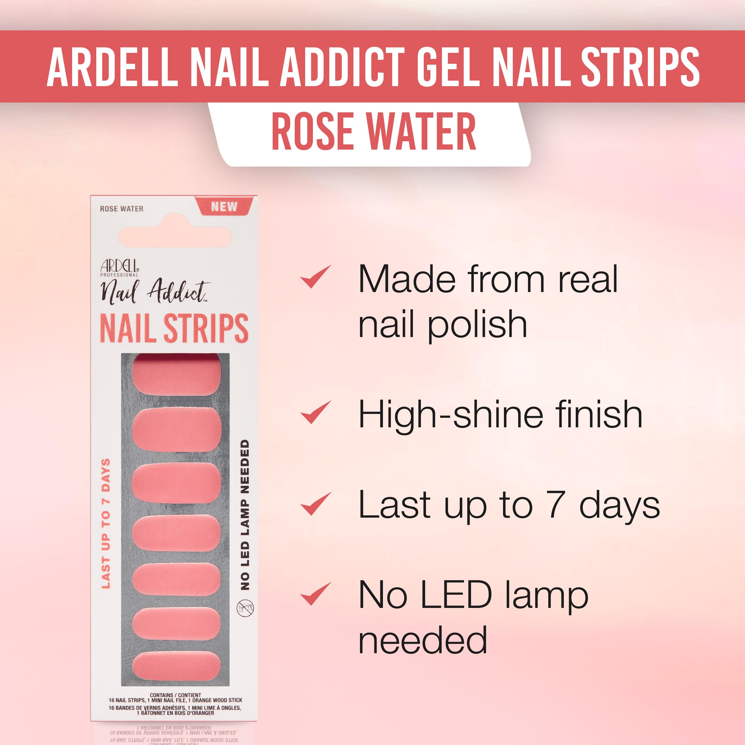 Ardell Nail Addict Nail Strips - Rose Water, Easy-To-Apply Nail Wraps, Long-Lasting Nail Stickers, No Led Lamp Needed With File