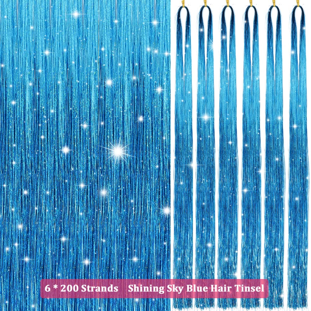 Missuhui Hair Tinsel Kit With Tools 47Inch 1200 Strands Glitter Tinsel Hair Extensions Sparkling Shiny Hair Tinsel Strands Fairy