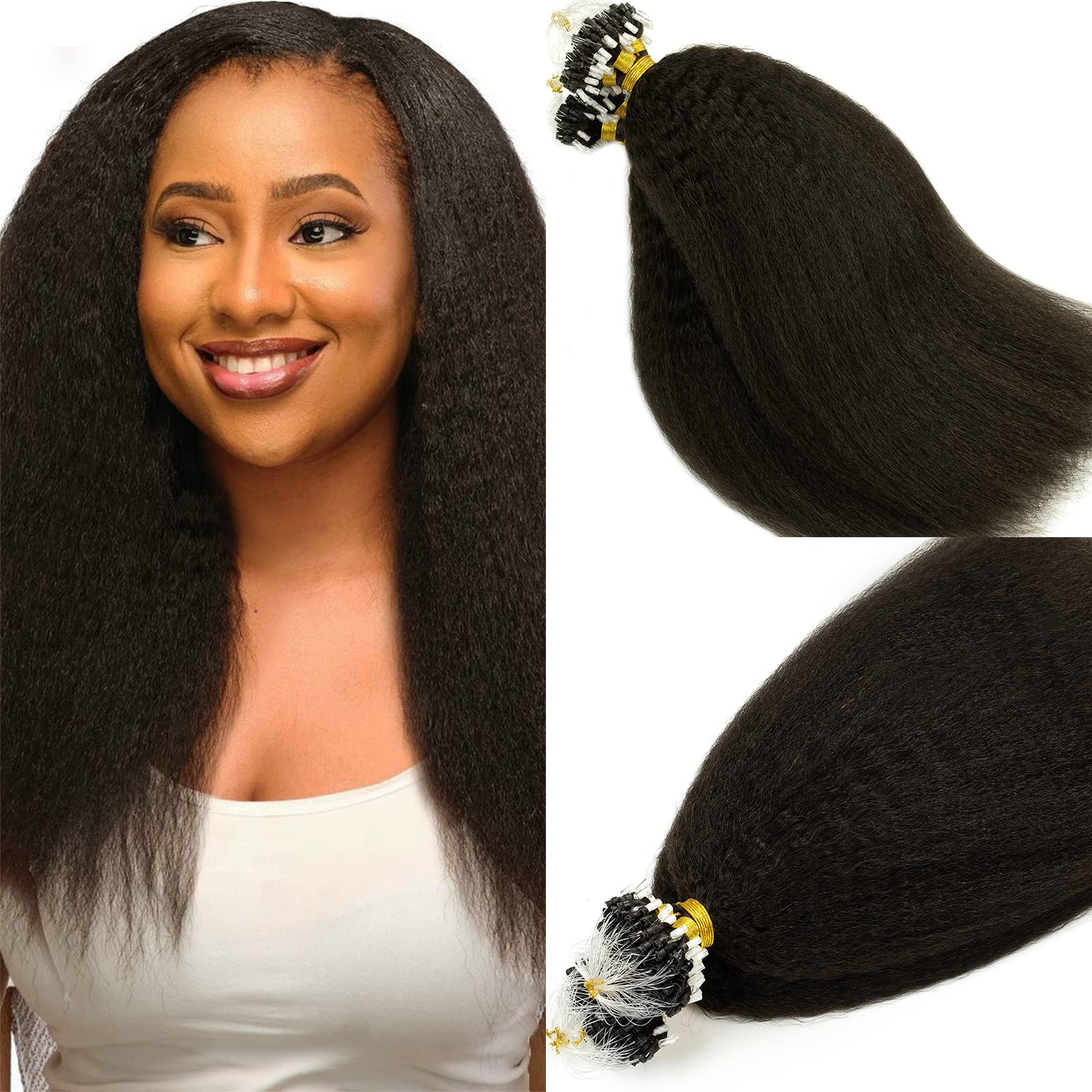 Lacer 16 Inch Micro Links Human Hair For Black Women Kinky Micro Loop Hair Extensions Black Real Remy Hair Extensions Natural Bl