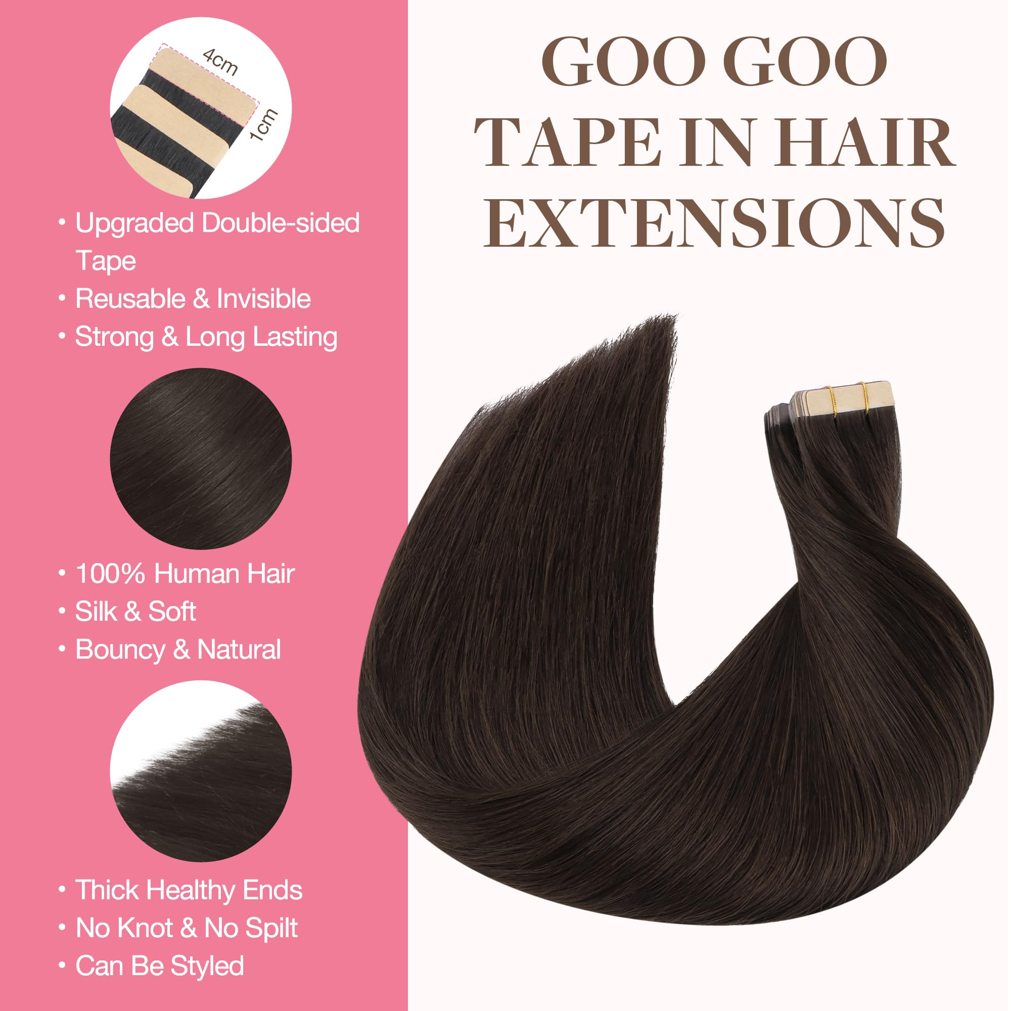 Goo Goo Tape In Hair Extensions Human Hair, 2A Light Brown, 22Inch 100G 40Pcs, Thick Ends Straight Seamless Tape In, Invisible T