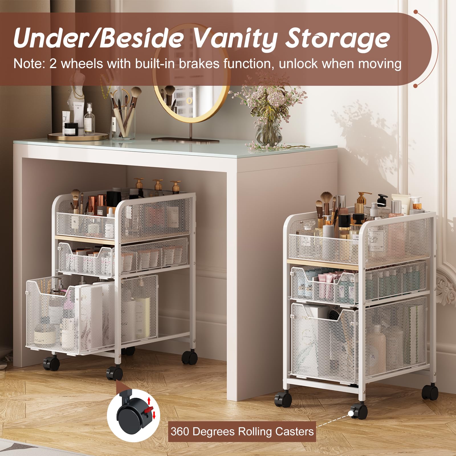 Hongtamoya Rolling Makeup Cart Organizer with 2 Drawers, Narrow Floor Skincare Organizers, Vanity Organizer Cosmetics Display Ca