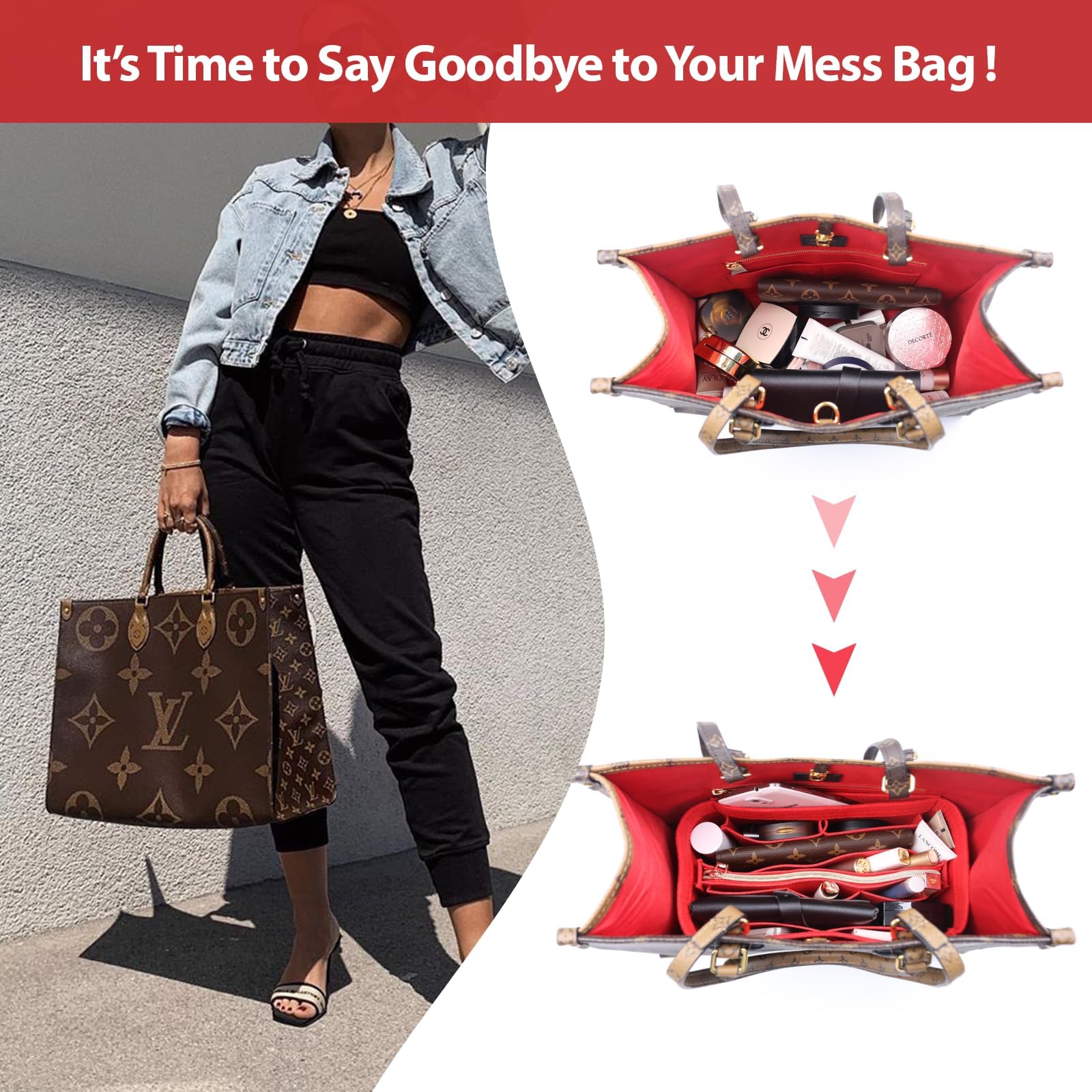 OMYSTYLE Red Slender Large Purse Organizer Insert for Handbags, Felt Bag Organizer for Tote & Purse, Tote Bag Organizer Insert w