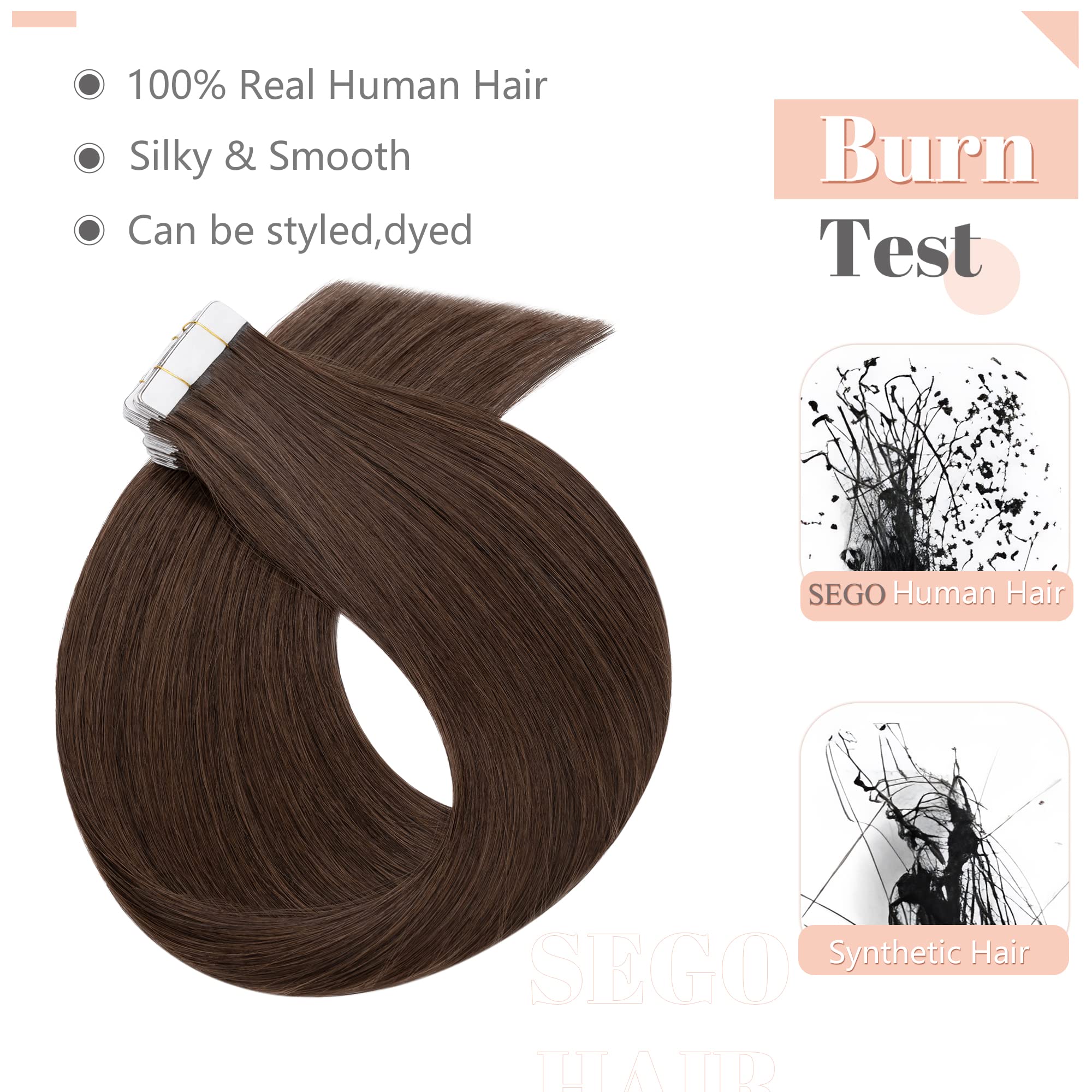 Sego 20 Inch Tape In Hair Extensions Human Hair 100G 40Pcs Straight Natural 100% Remy Rooted Seamless Skin Weft Invisible Double