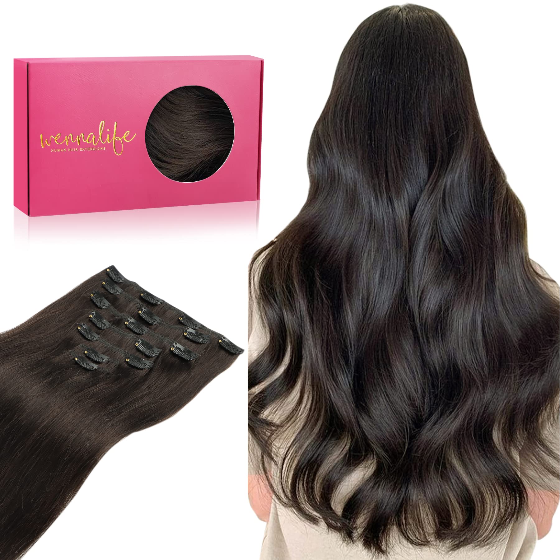 WENNALIFE Clip in Human Hair Extensions, 16 Inch 120g 7pcs Dark Brown Hair Extensions Clip In Human Hair Remy Clip in Hair Exten
