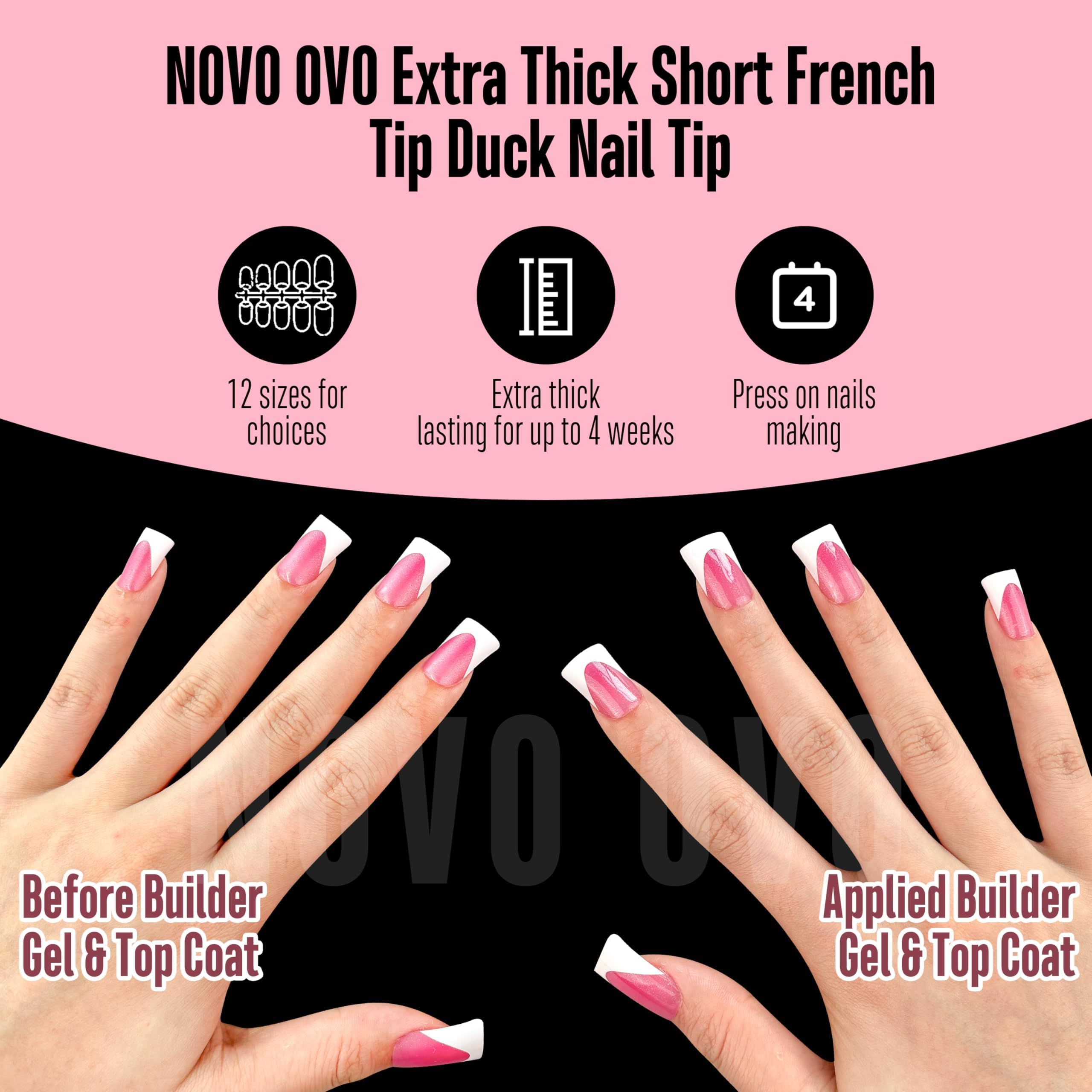 NOVO OVO Short Duck Nail Tips French Tip Press On ROSE PINK with Glitter, Soft Gel Nail Extension, Need Buider Gel Top Coat, No