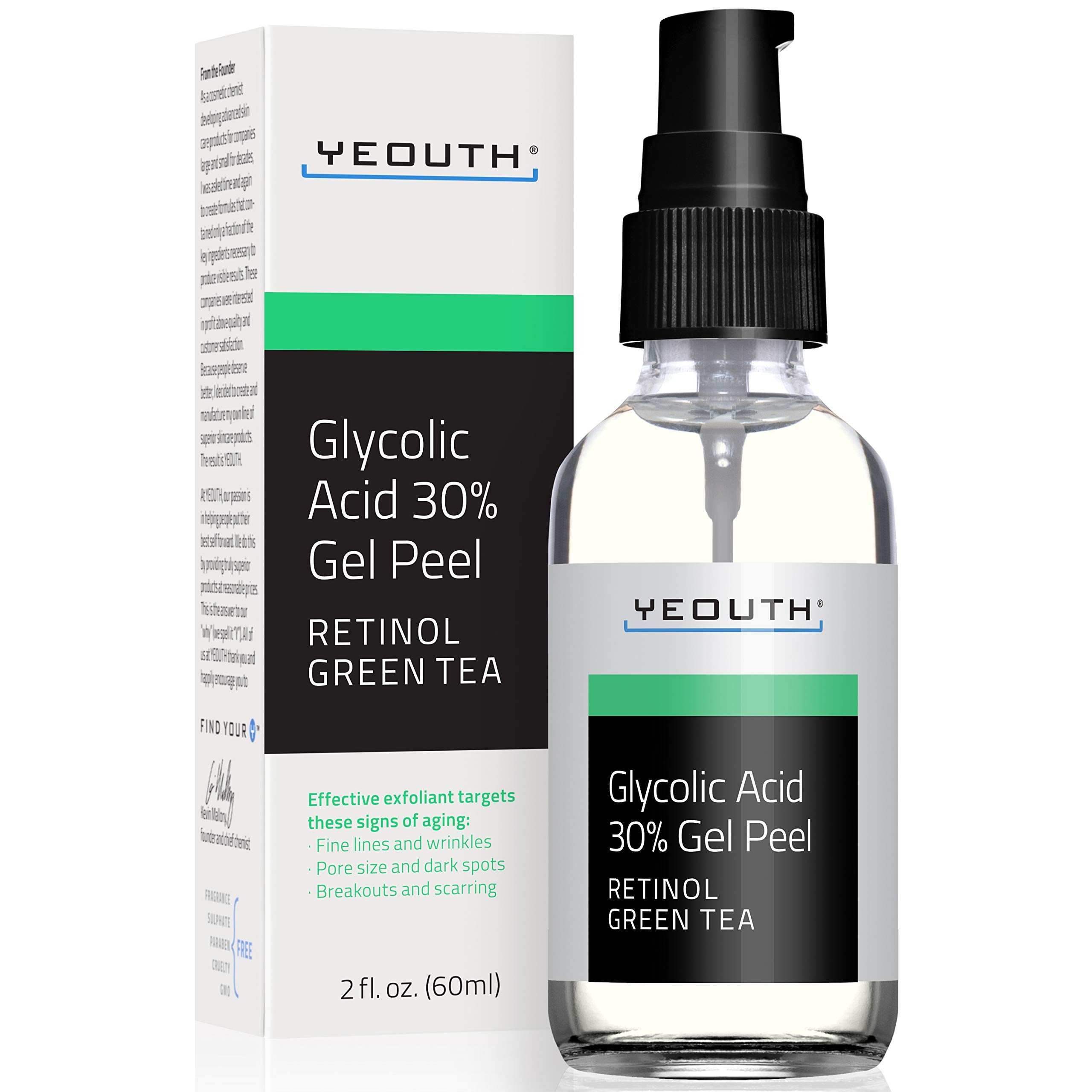 YEOUTH glycolic Acid Peel for Face Professional 30% gel with Retinol & green Tea, chemical Peel for Face at Home for Wrinkles, D