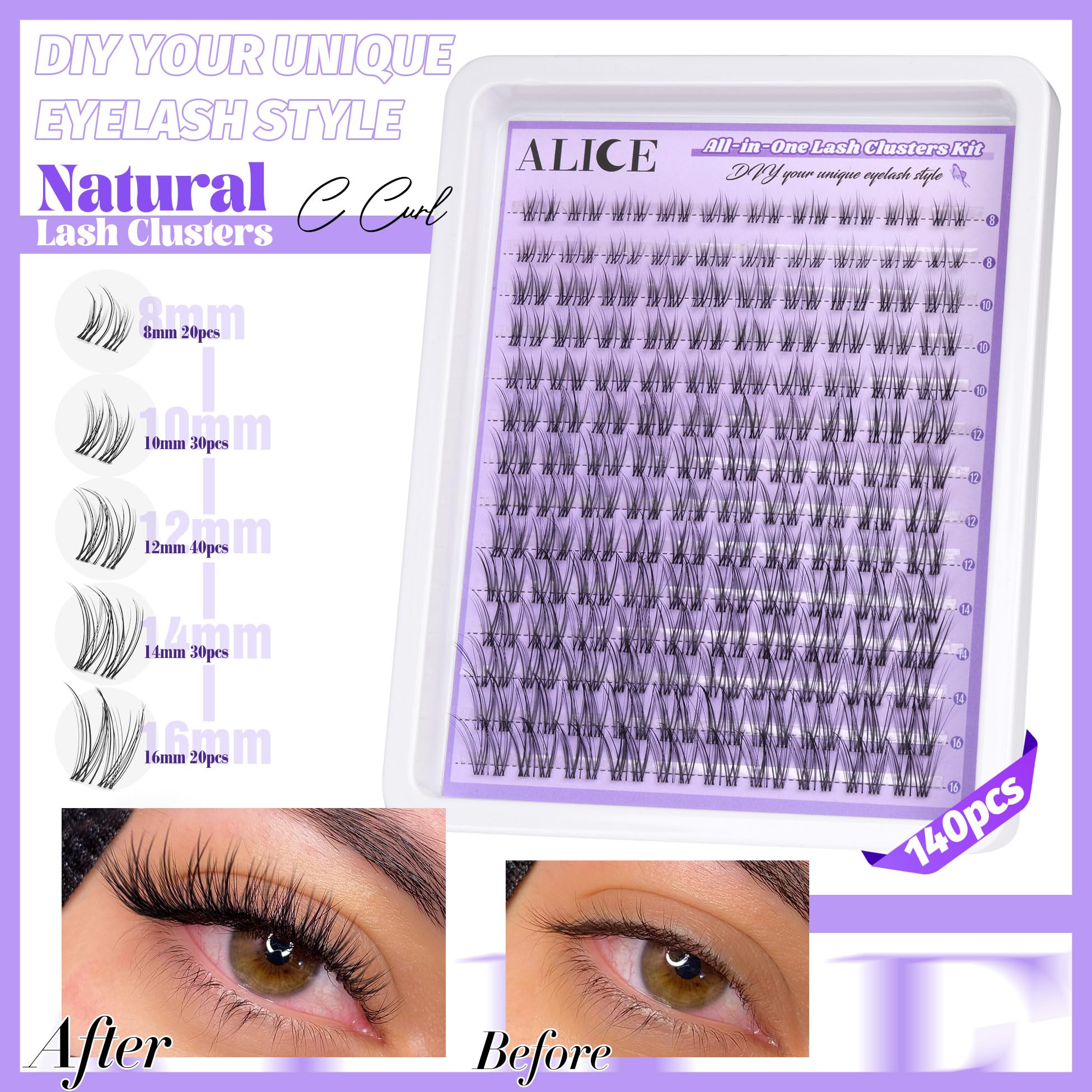 Alice Cluster Eyelash Extension Kit Natural Wispy Lash Clusters Kit Lash Extension Kit Clear Band 168Pcs C Curl 11-13Mm Individu