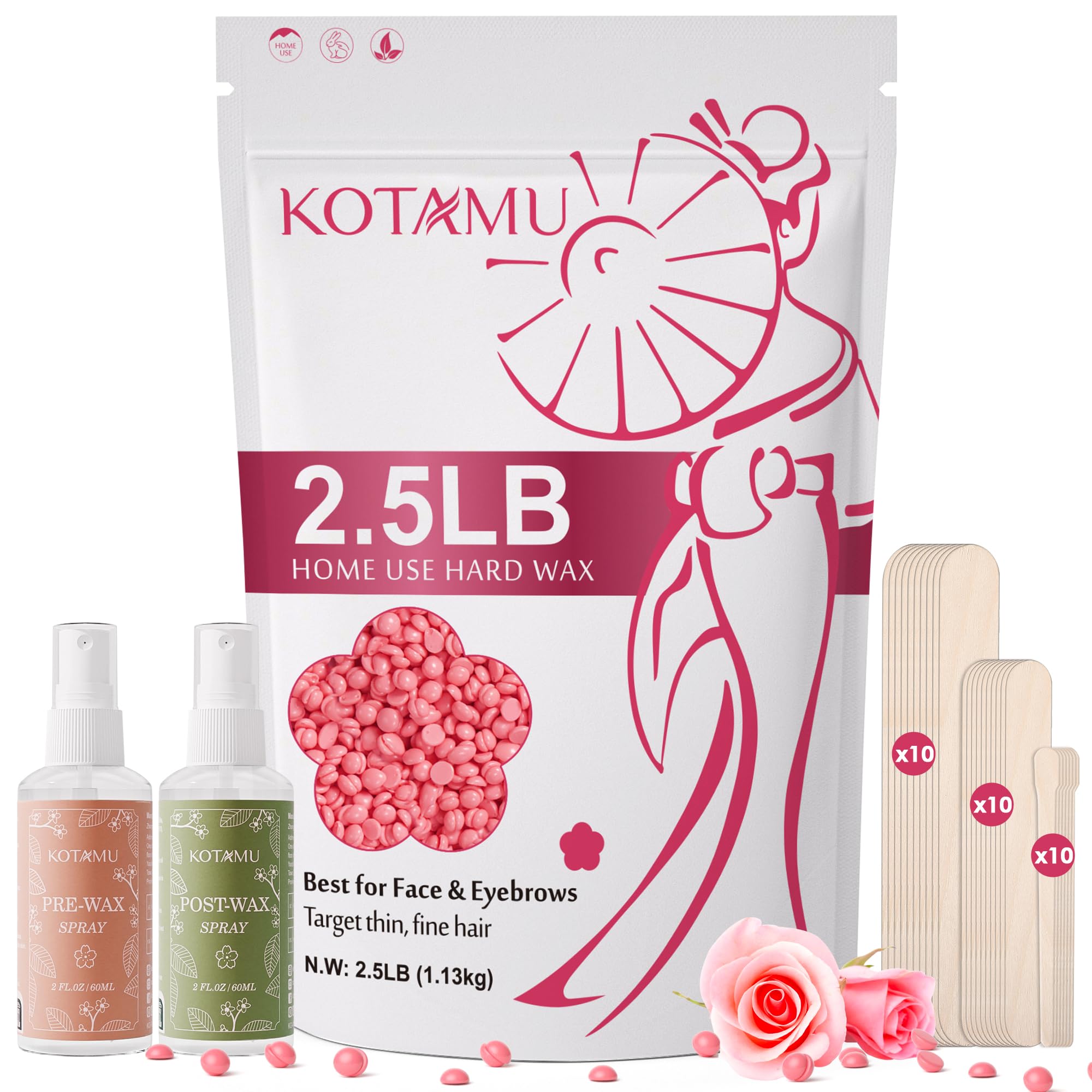 KOTAMU Pink Wax Beans for Hair Removal, 2.5lb, Hard Wax for Face, Eyebrow, Bikini, Brazilian, Leg, Body, Sensitive Skin, Ideal f