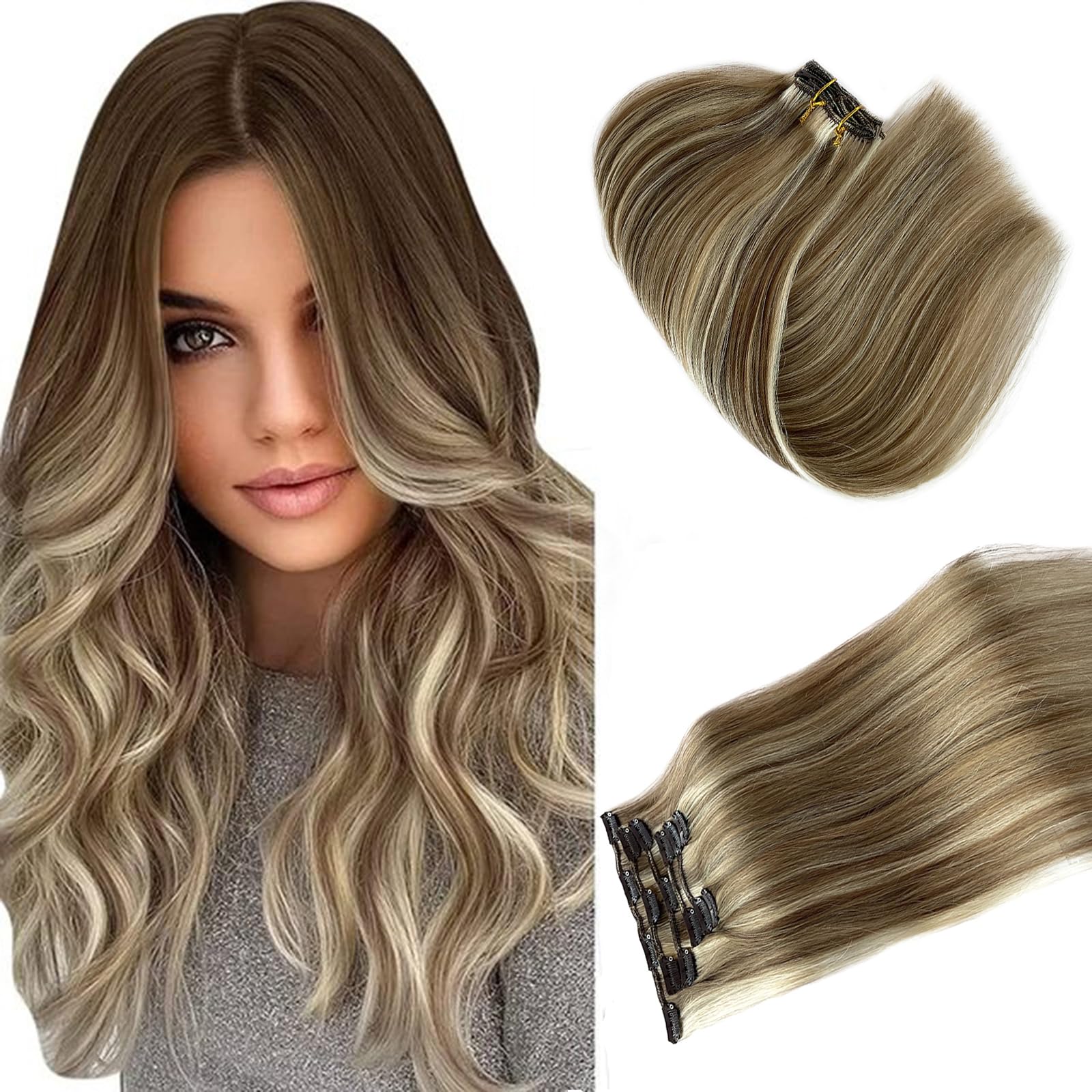 Clip In Hair Extensions Real Human Hair, Balayage Middle Brown To Platinum Blonde #60 Clip In Human Hair Extensions Straight Nat