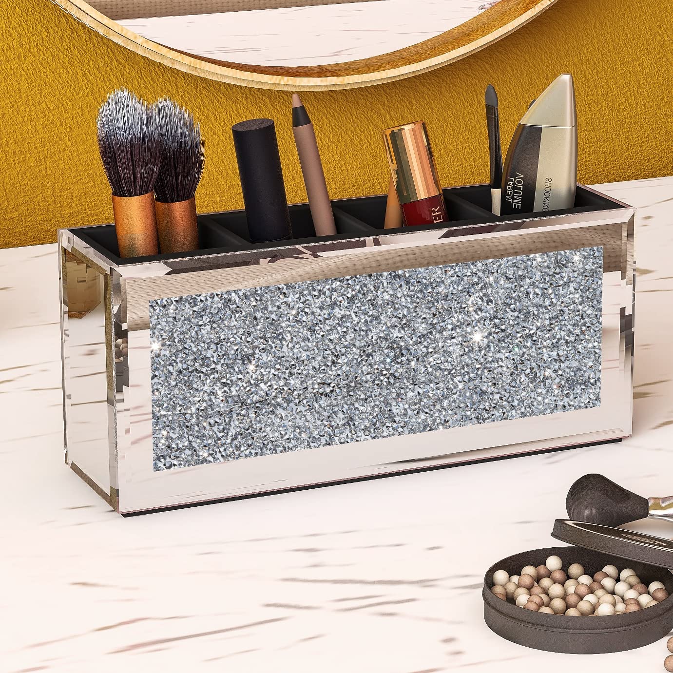 SHYFOY 4-Compartment Makeup Brush Holder, Mirrored Makeup Organizer with Crushed Diamond Crystals, Vanity Cosmetics Organizer So