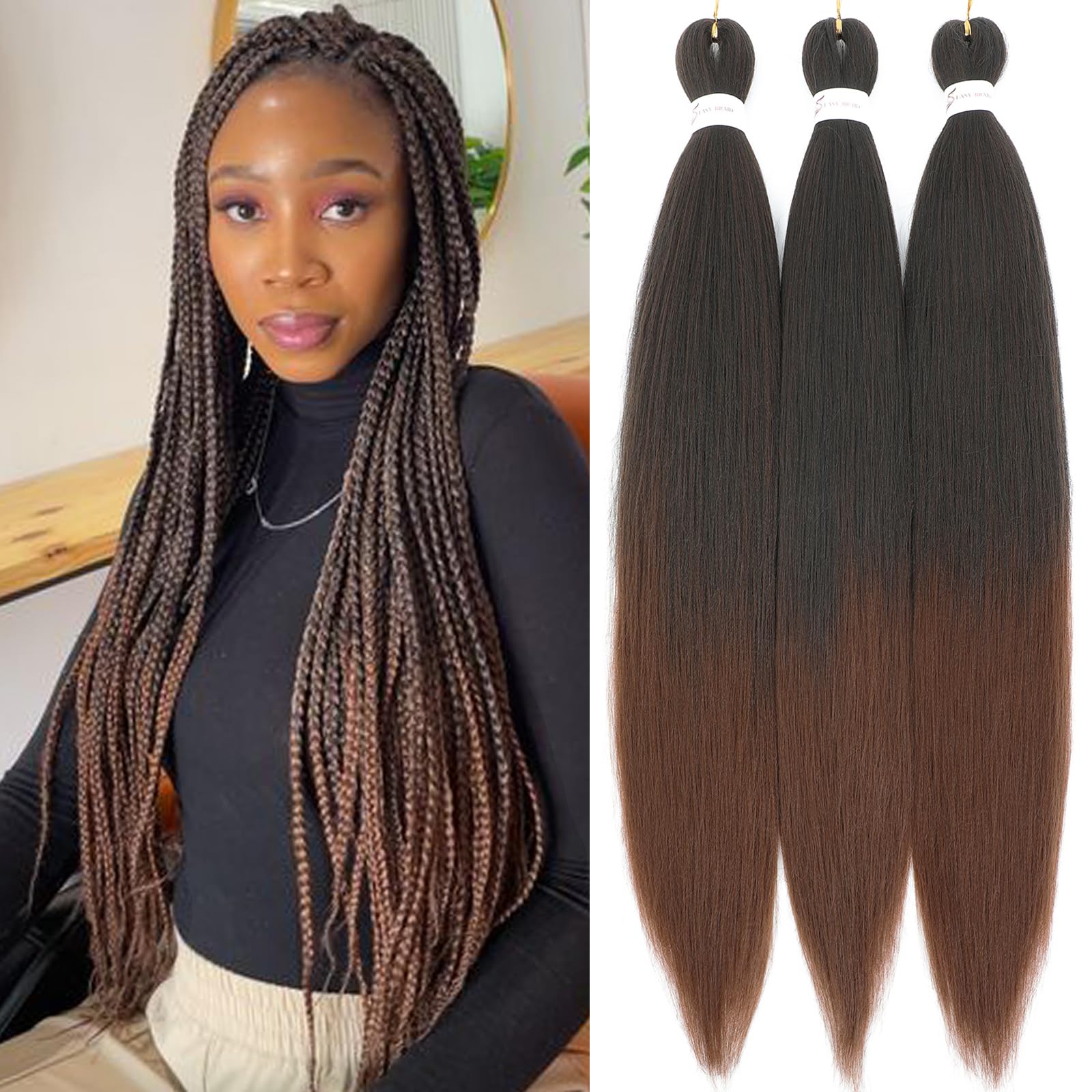 Royota Braiding Hair Pre stretched Ombre Brown 26 inch 3 Pieces 1b/30 Two Tone Prestretched Ez Braid Synthetic Soft Yaki Knotles