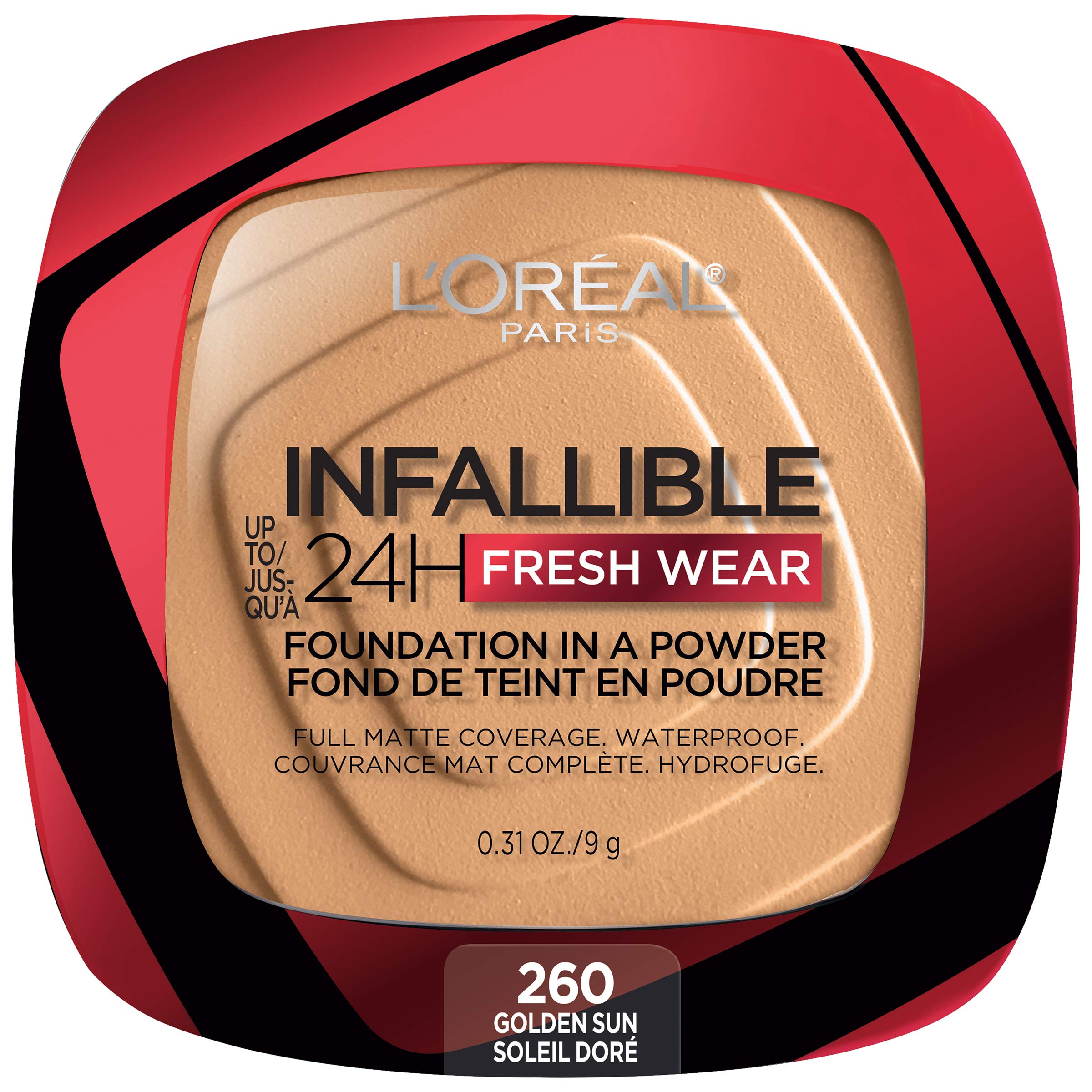 LOreal Paris Makeup Infallible Fresh Wear Foundation in a Powder, Up to 24H Wear, Waterproof, Golden Sun, 0.31 oz.