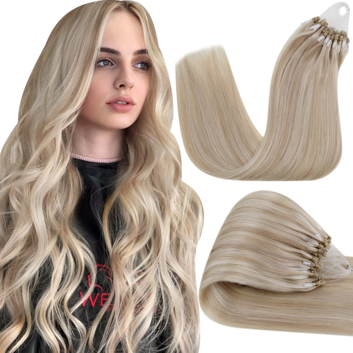 Hetto 22 Inch Micro Link Human Hair Extensions #18 Ash Blonde Highlight #613 Bleach Blonde Micro Loop Hair Extensions Real Human