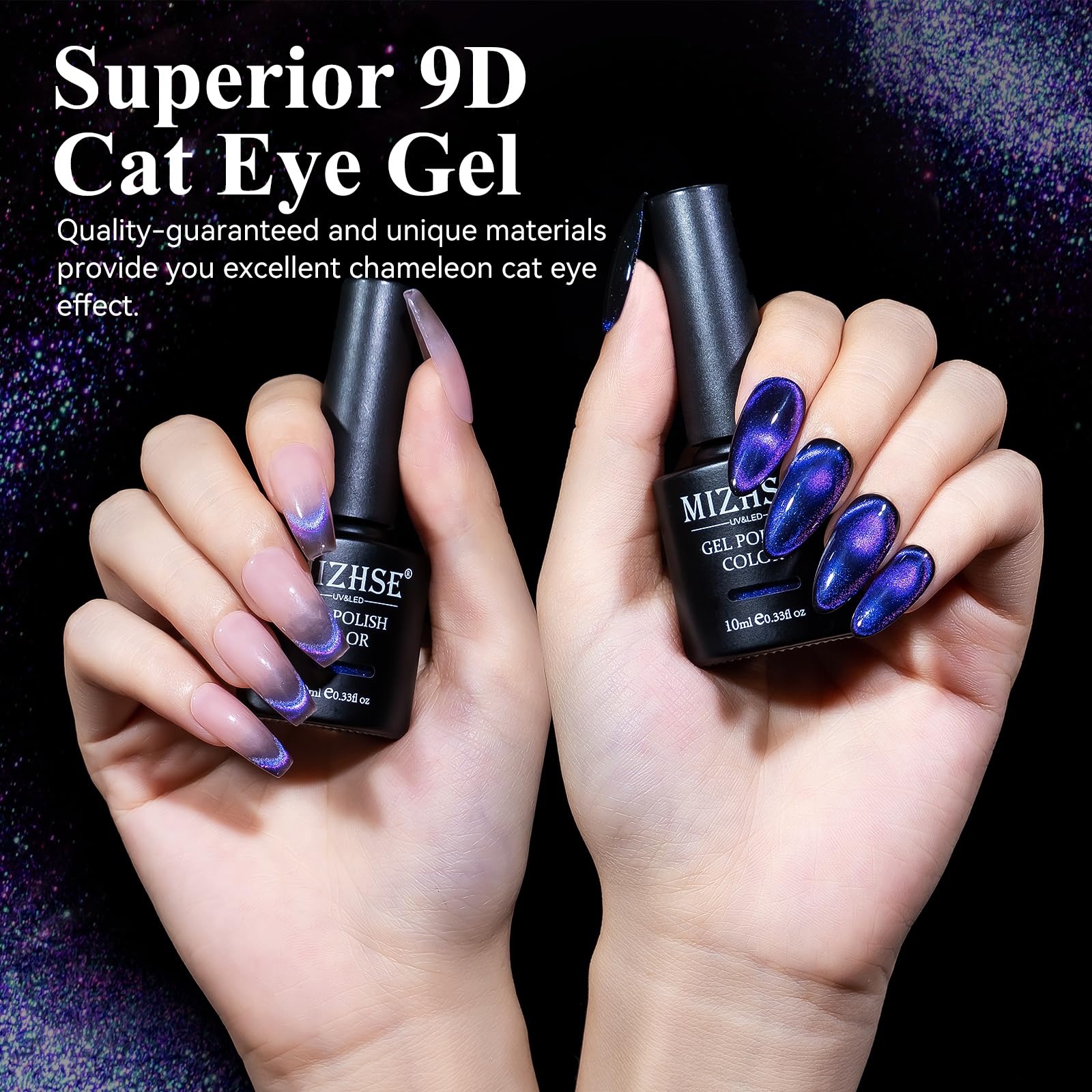 Mizhse 9D Cat Eye Gel Nail Polish, Dual Colors Purple & Pink Magnetic Gel Polish With Magnet Stick, Magic Chameleon Galaxy Effec