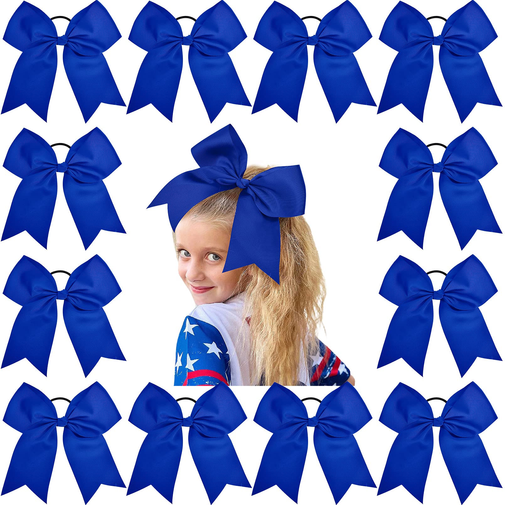 12PCS 8'' Large Cheer Bow Blue Ponytail Holder Elastic Band Hair Ties Hair Bow Accessories for Cheerleading Teen Girls High Scho