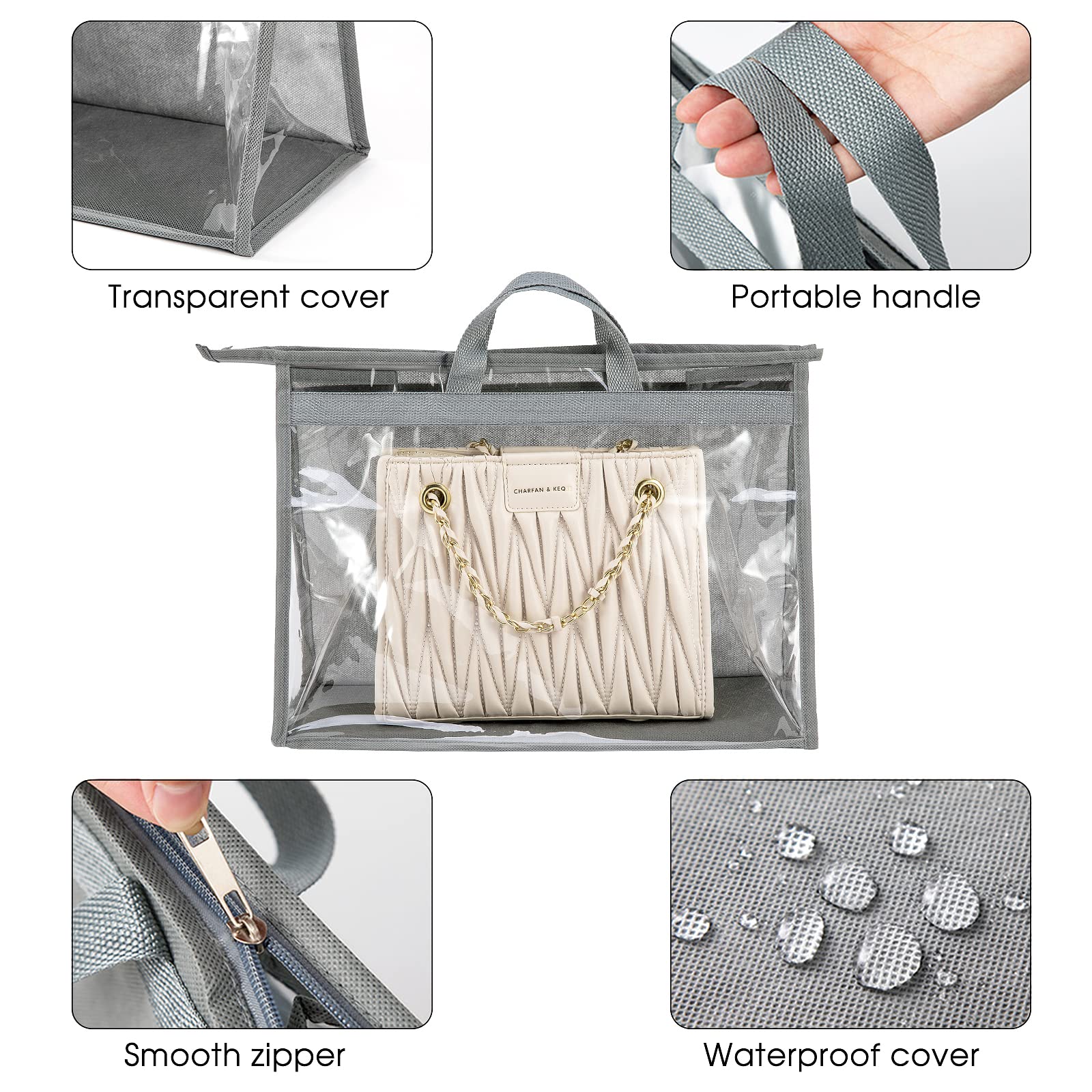 CINPIUK 4 Pack Handbag Dust Bags Clear Purse Storage Organizer for Closet, Zipper Hanging Storage Bag for Handbags, Grey