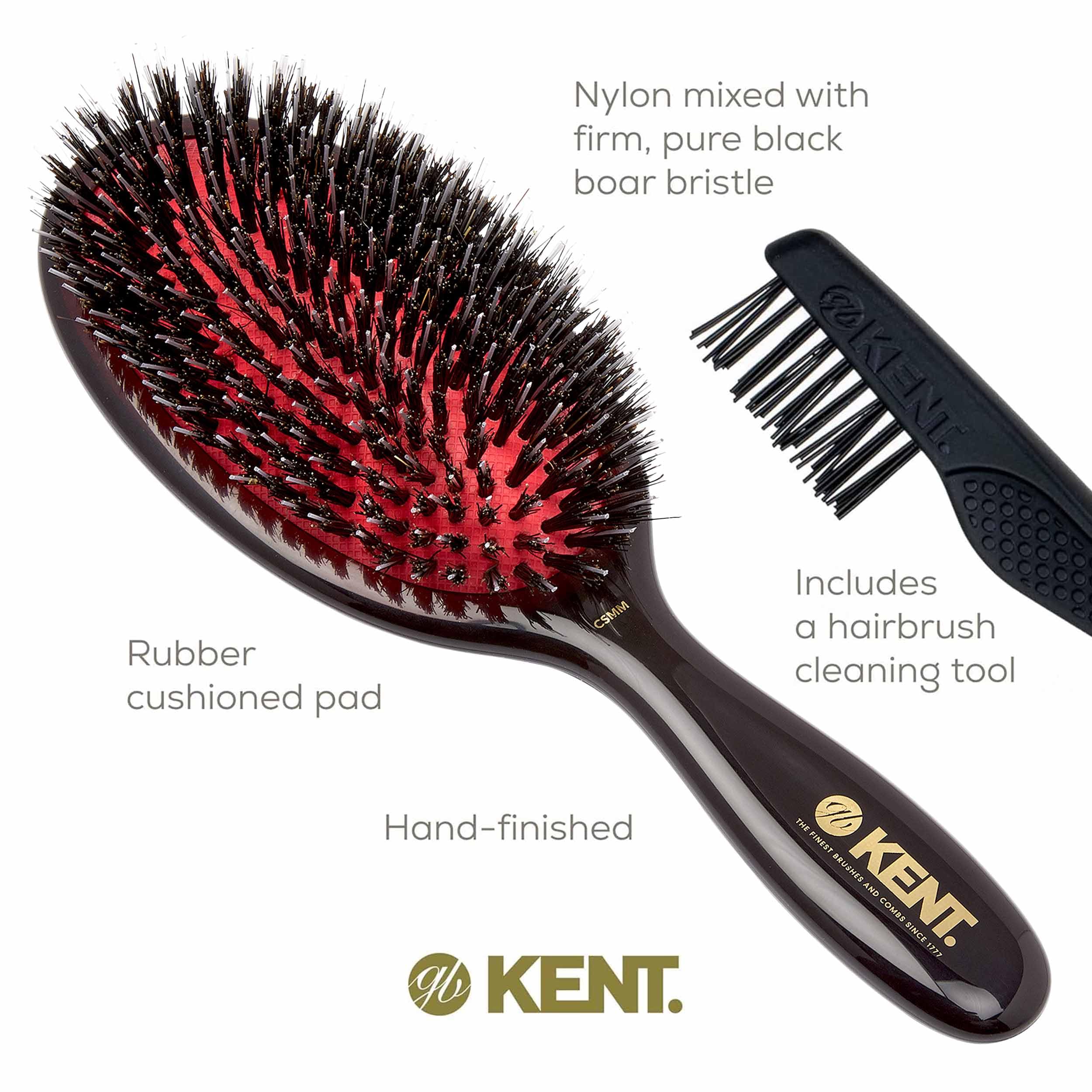 Kent CSMM Classic Shine Medium Oval Cushion Straightening Brush - Natural Black Boar Bristle Hair Brush with Nylon Quills - Shin