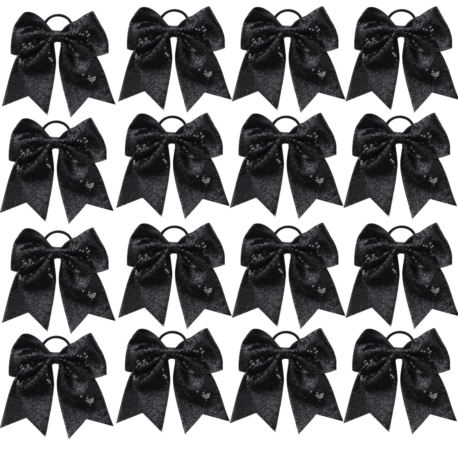 16 PCS Large Glitter Black Cheer Hair Bows, Shiny Cheerleading Bows Ponytail Holder for Cheerleader Girls Softball Sports and Ch