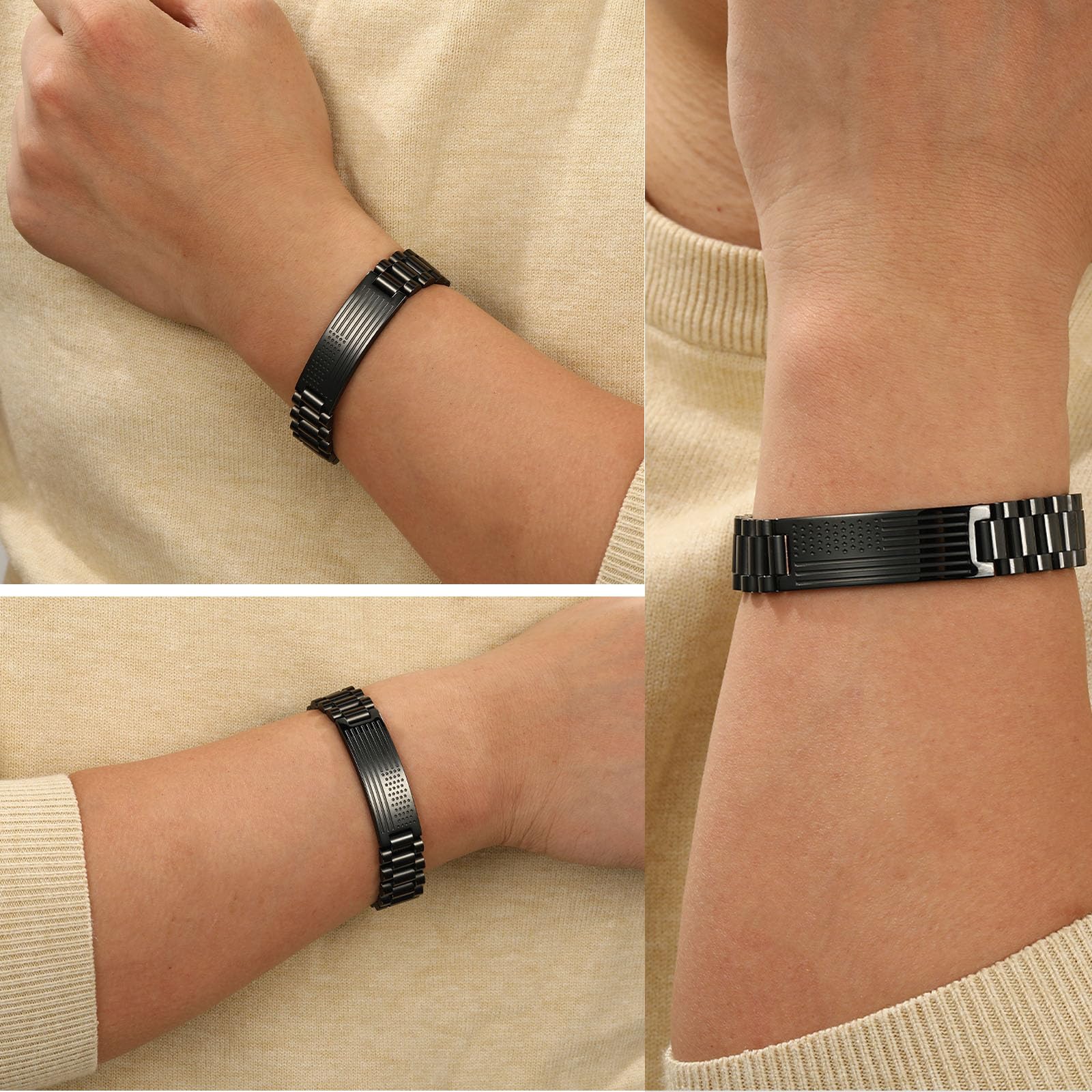 P.BLAKE Straps Watch Band Link Bracelet for Men, Stainless Steel Engraved American Flag Bible Verse John 3:16 Christian Valentin