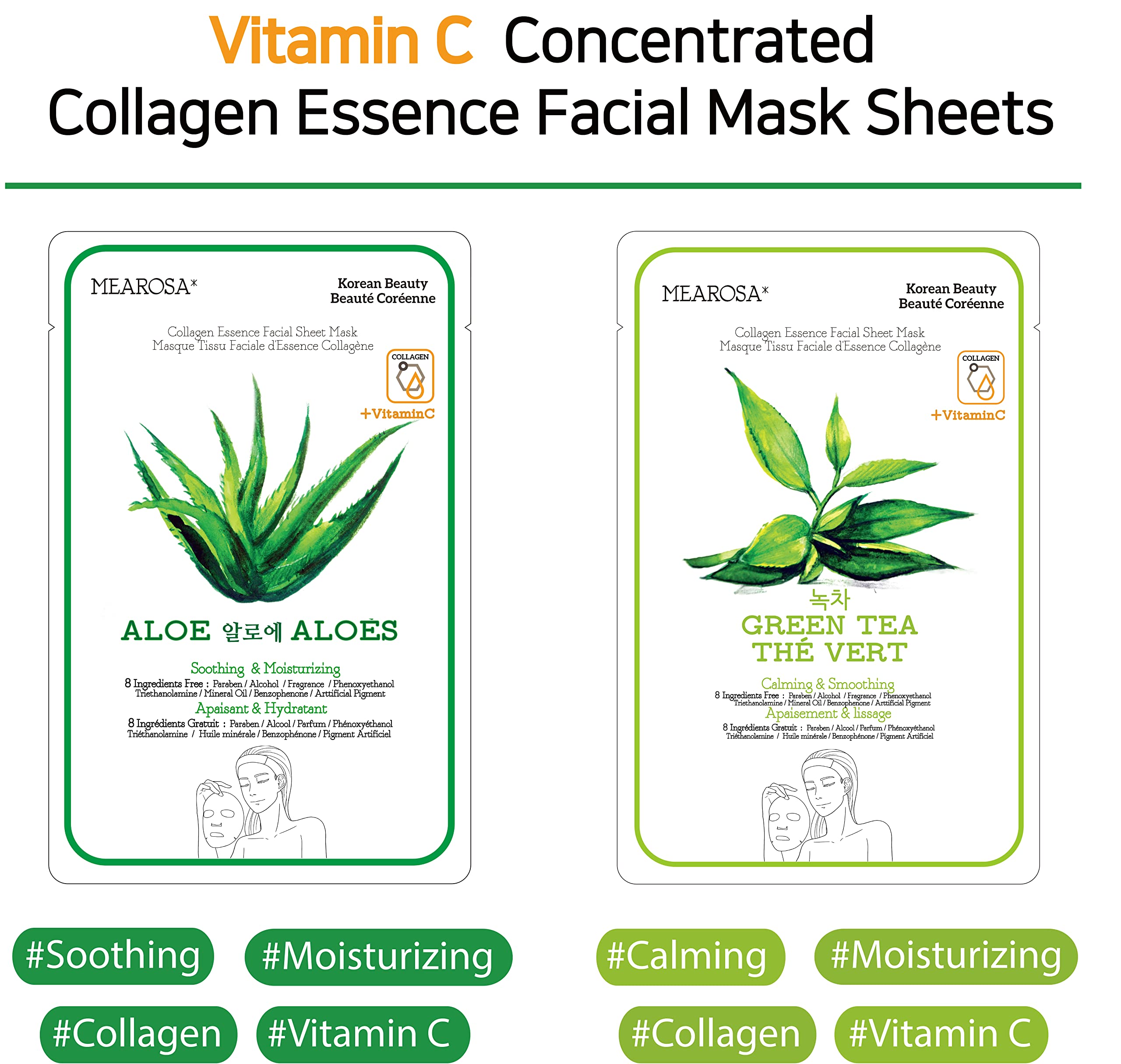 MEAROSA DESIgN Vitamin c collagen Natural Essence Face Mask Beauty Facial Mask Sheet Mask Korea Skin care Premium Quality (8 pac