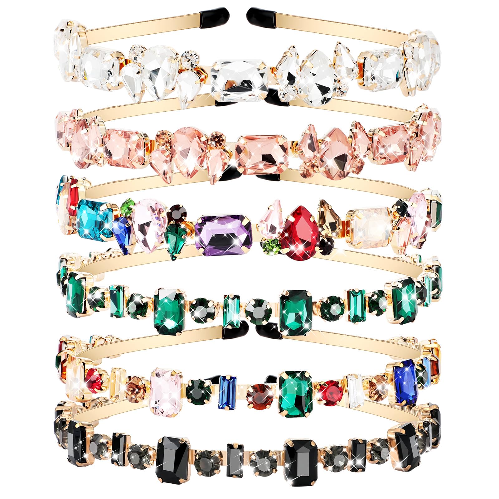 Crowye 6 Styles Rhinestone Headbands for Women Elastic Crystal Thin Head Bands Bling Jeweled Headbands Colorful Vintage Headband
