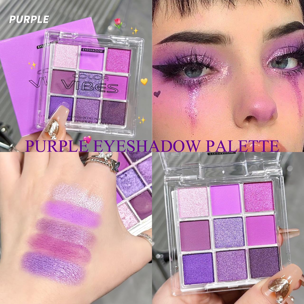 Yeweian Purple Glitter Matte Eyeshadow Palette, 9 Colors Shimmer High Pigmented Eyeshadow Powder, Dream Purple Eye Shadow Palett