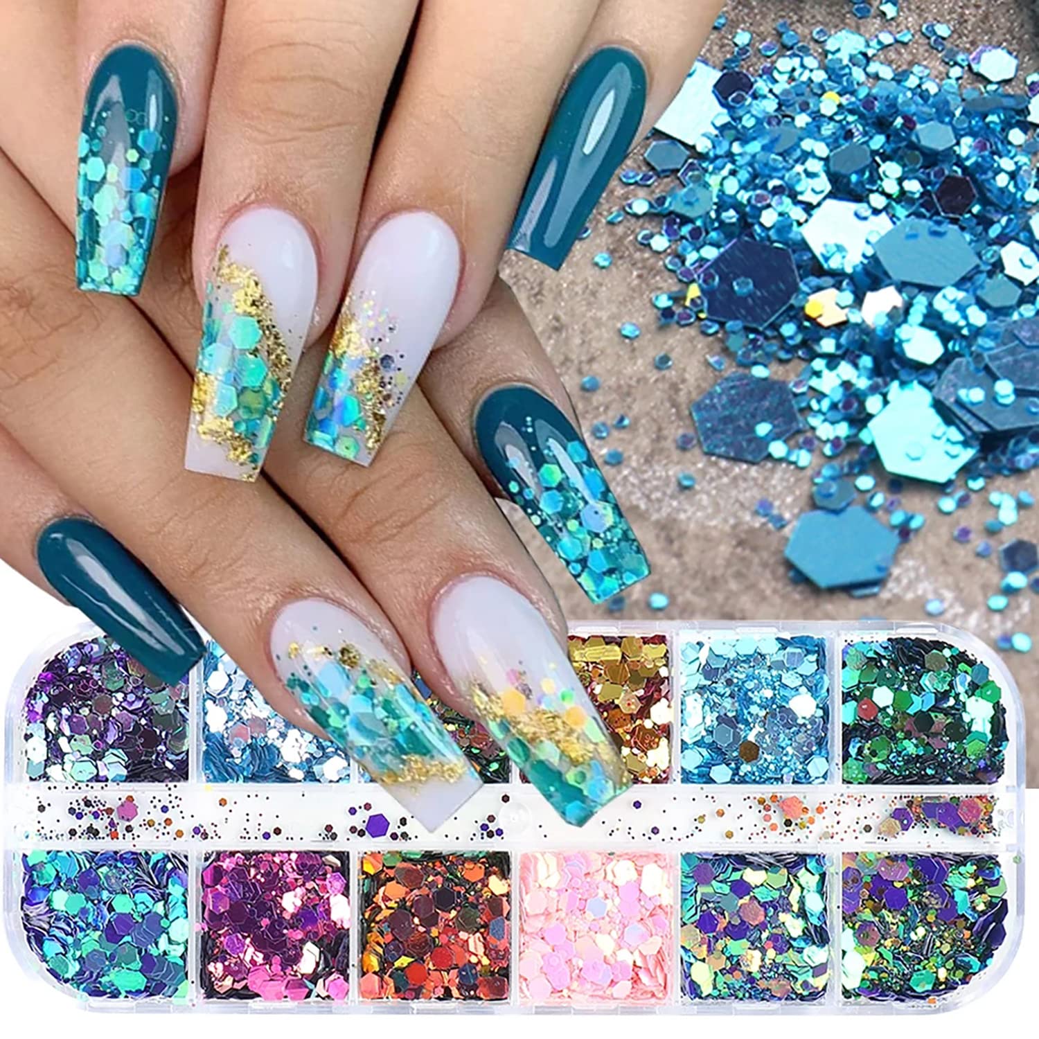 12 Grids Chameleon Nail Art Sequins Polygon Holographic Nail Supplies Bright Moving Nail Glitter Pattern Mermaid Nail Glitters F