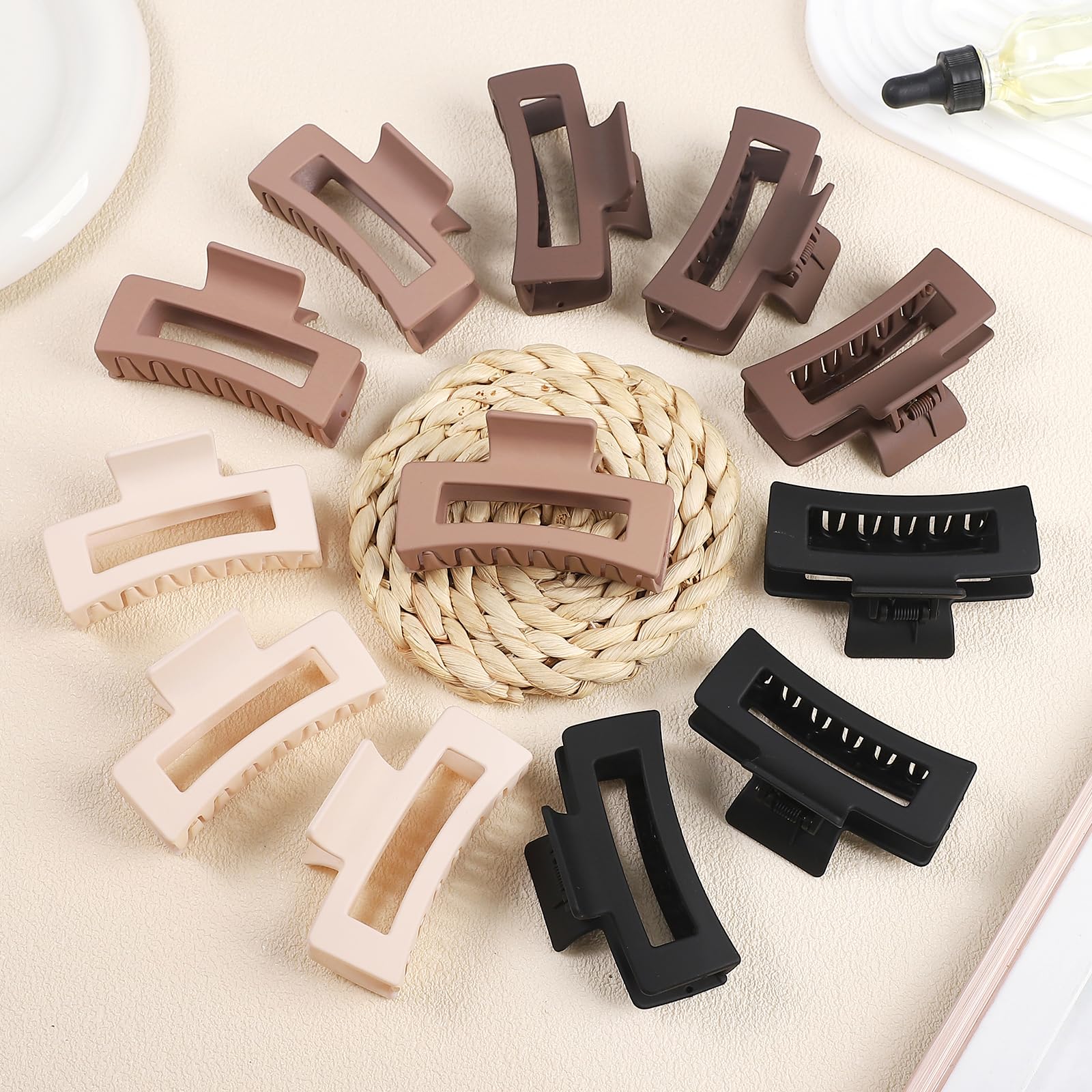 Sisiaipu Hair Claw Clips, 3.5 Inch Medium Hair Clips 12 Pcs Square Jaw Clips For Thick And Thin Hair - Brown, Matte Black, Dark