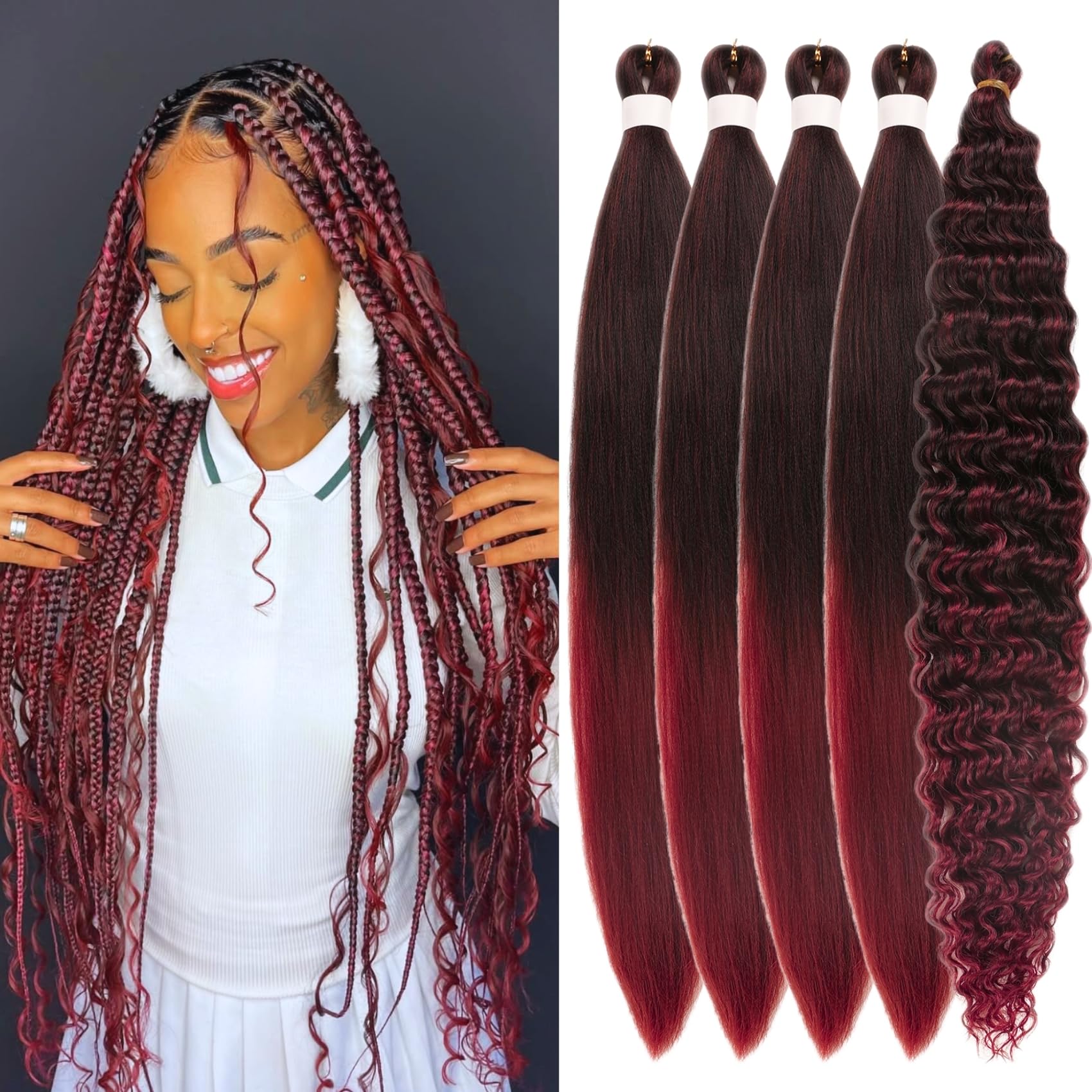 Black Burgundy Braiding Hair Pre Stretched for Boho Braids Synthetic Prestretched EZ Braiding Hair for Knotless Box Braids Bohem