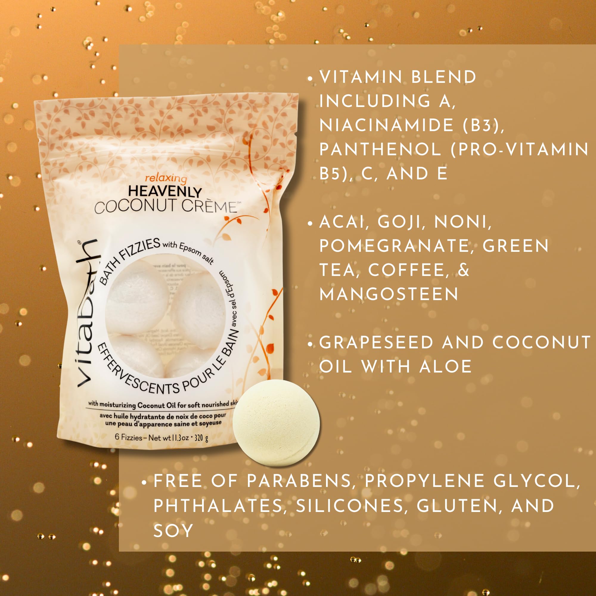 Vitabath Heavenly Coconut Crème Bath Fizzies - 10 oz Epsom Salt Relaxation & Nourishing Aromatherapy - 6 Count