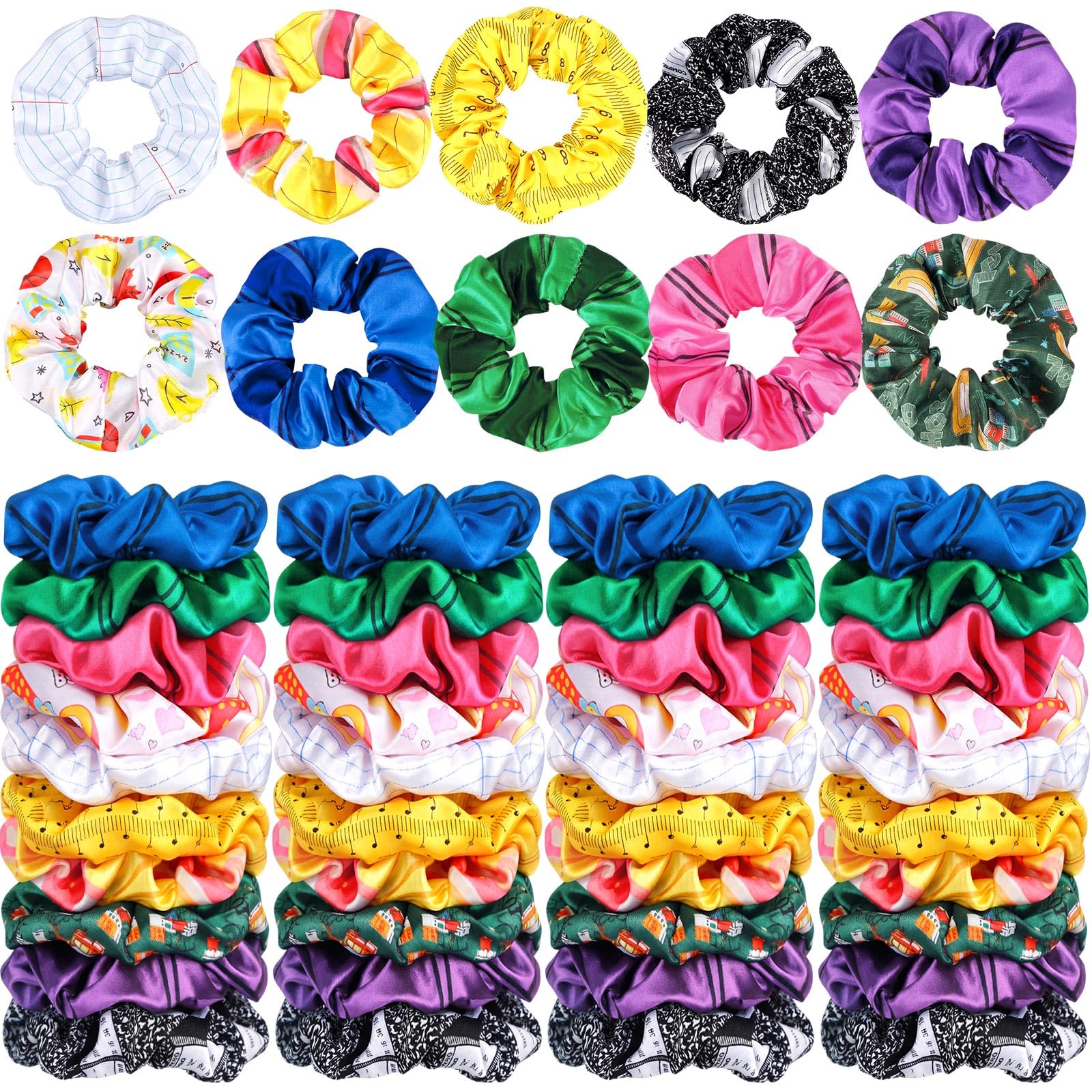Yuxung 80 Pcs Teacher Satin Hair Scrunchies Pencil Ruler Silk Hair Ties Elastic Bands Ropes Ponytail Holders Ties Back to School
