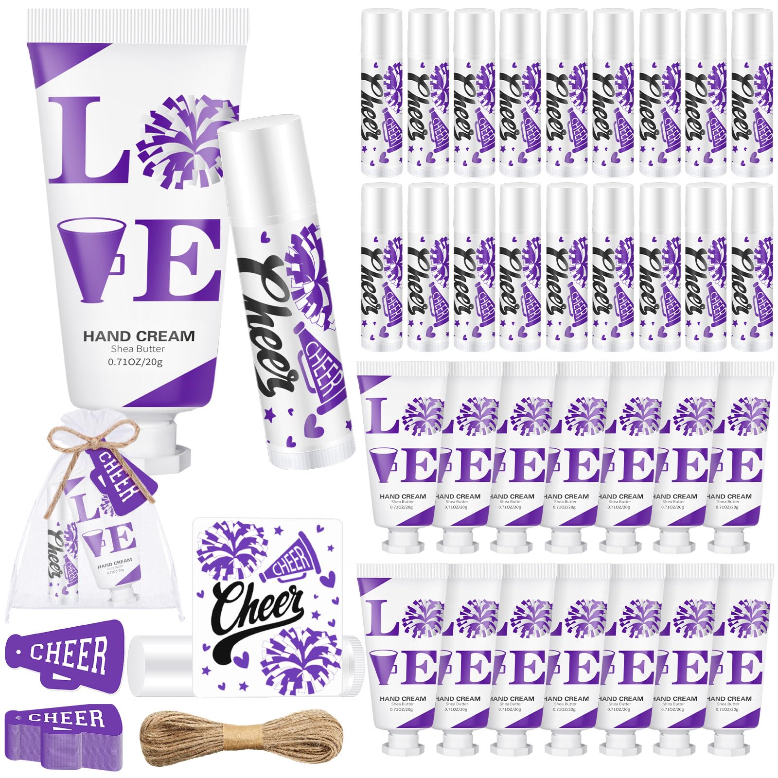 Heigble 144 Pcs Cheerleading Lip Balms Hand Cream Sets Purple Cheerleading Party Supplies Including 36 Lip Balm and Moisturizing