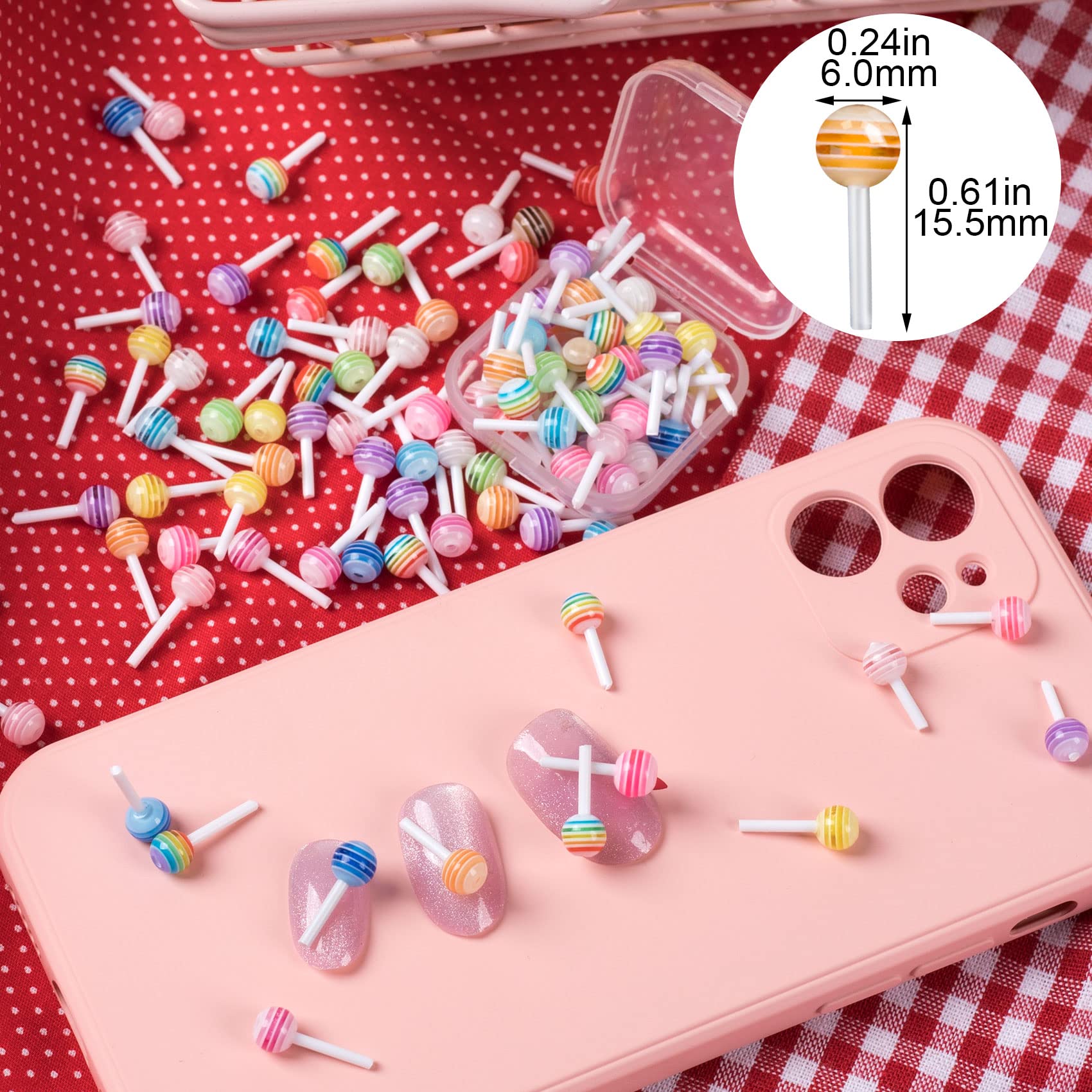 Pagow 100Pcs Lollipop Candy Nail Art Charm Cute 3D Acrylic Decoration Diy Mini Designs Sugar Kawaii Colorful Accessories Sweet L