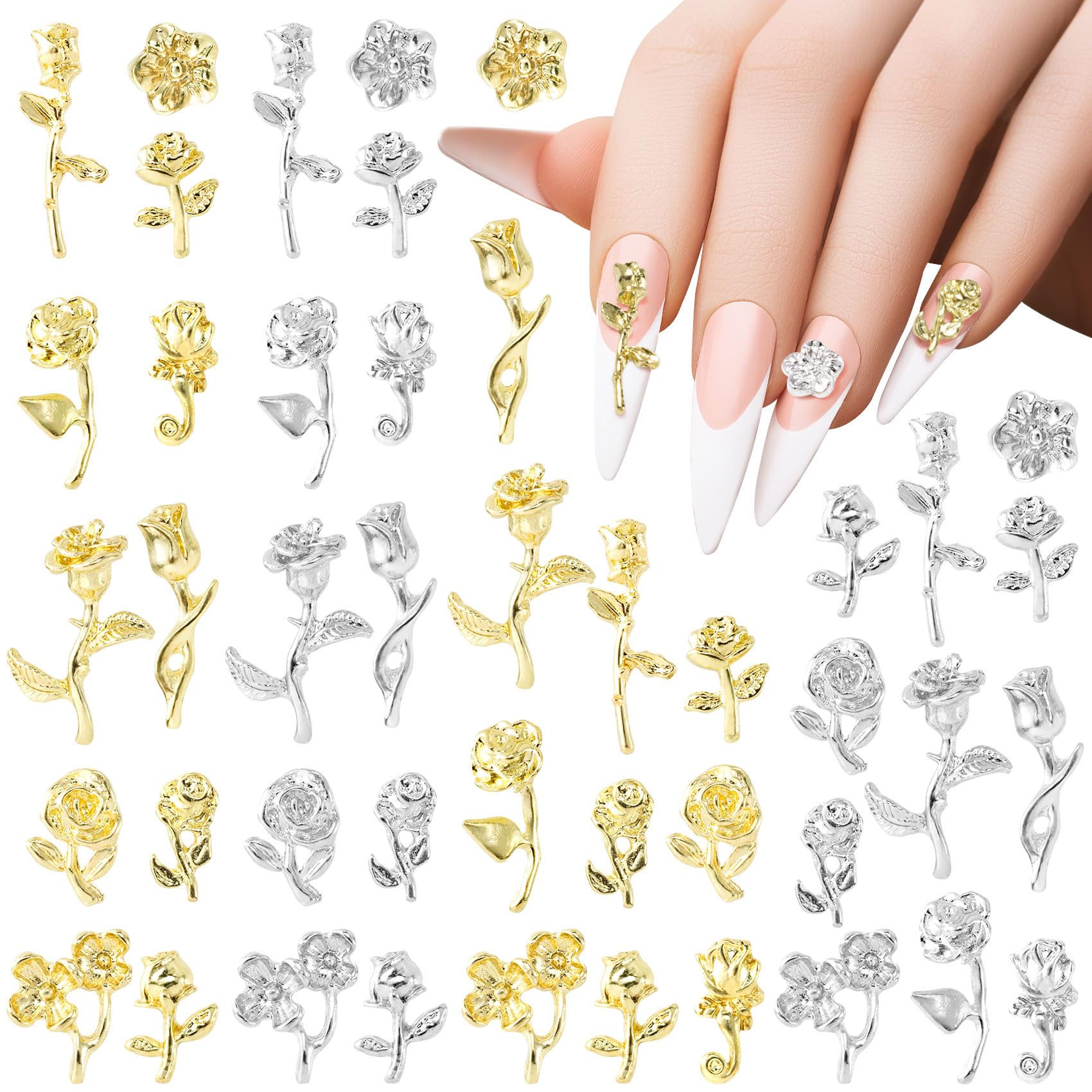 HINZIC 44 PCS Gold Rose Nail Charms 3D Vintage Roses Flowers for Nails Retro Metal Silver Nail Jewels Nail Studs for Acrylic Nai