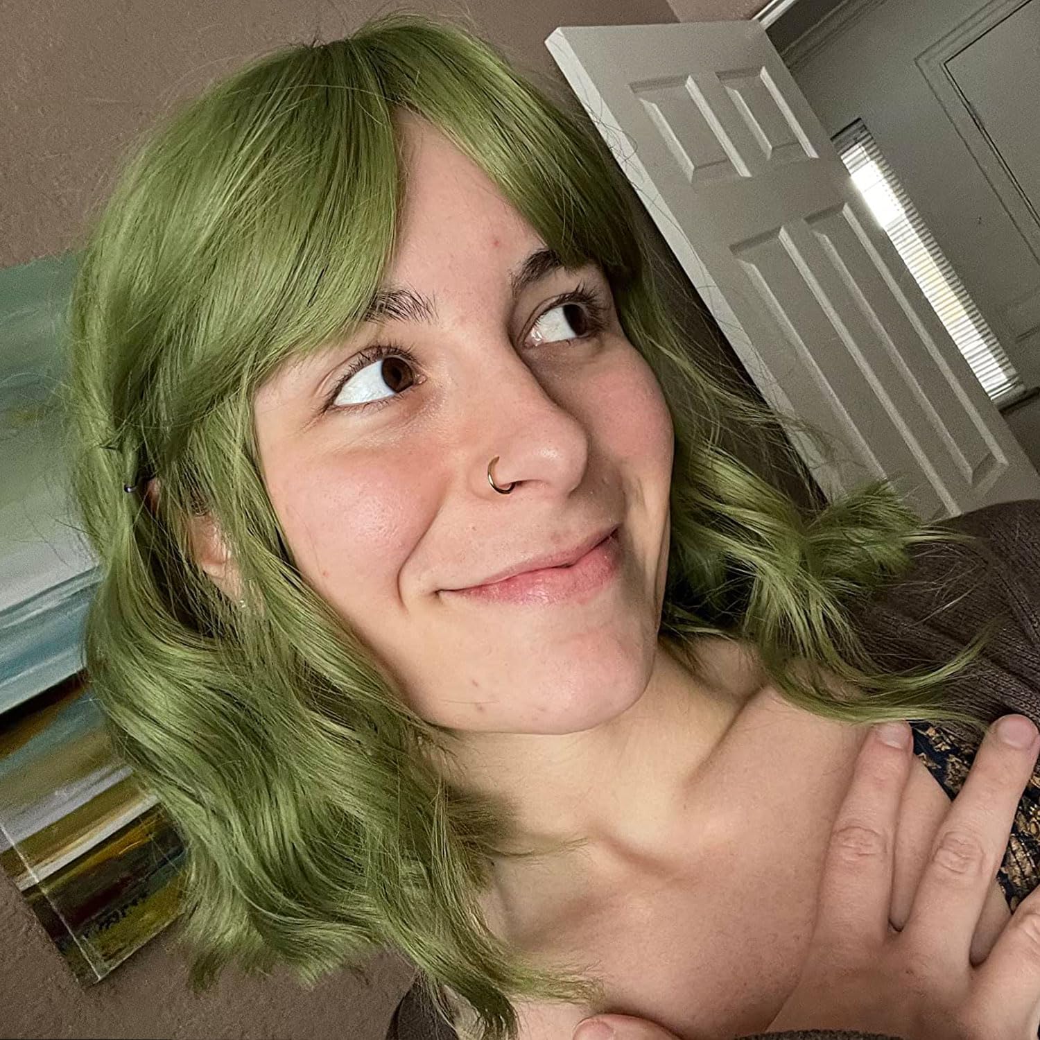Vckovcko Natural Wavy Wig With Air Bangs Short Bob Matcha Green Wigs Women'S Shoulder Length Wigs Curly Wavy Synthetic Cosplay W
