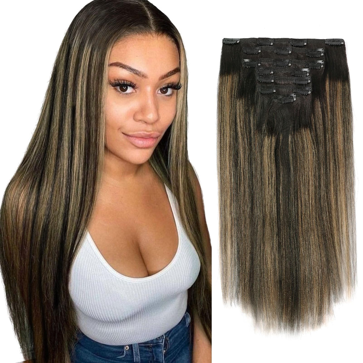 Sassina Yaki Style Remy Hair Extensions Clip in Human Hair Clip in Hair Extensions Natural Black to Strawberry Blonde Thick Clip