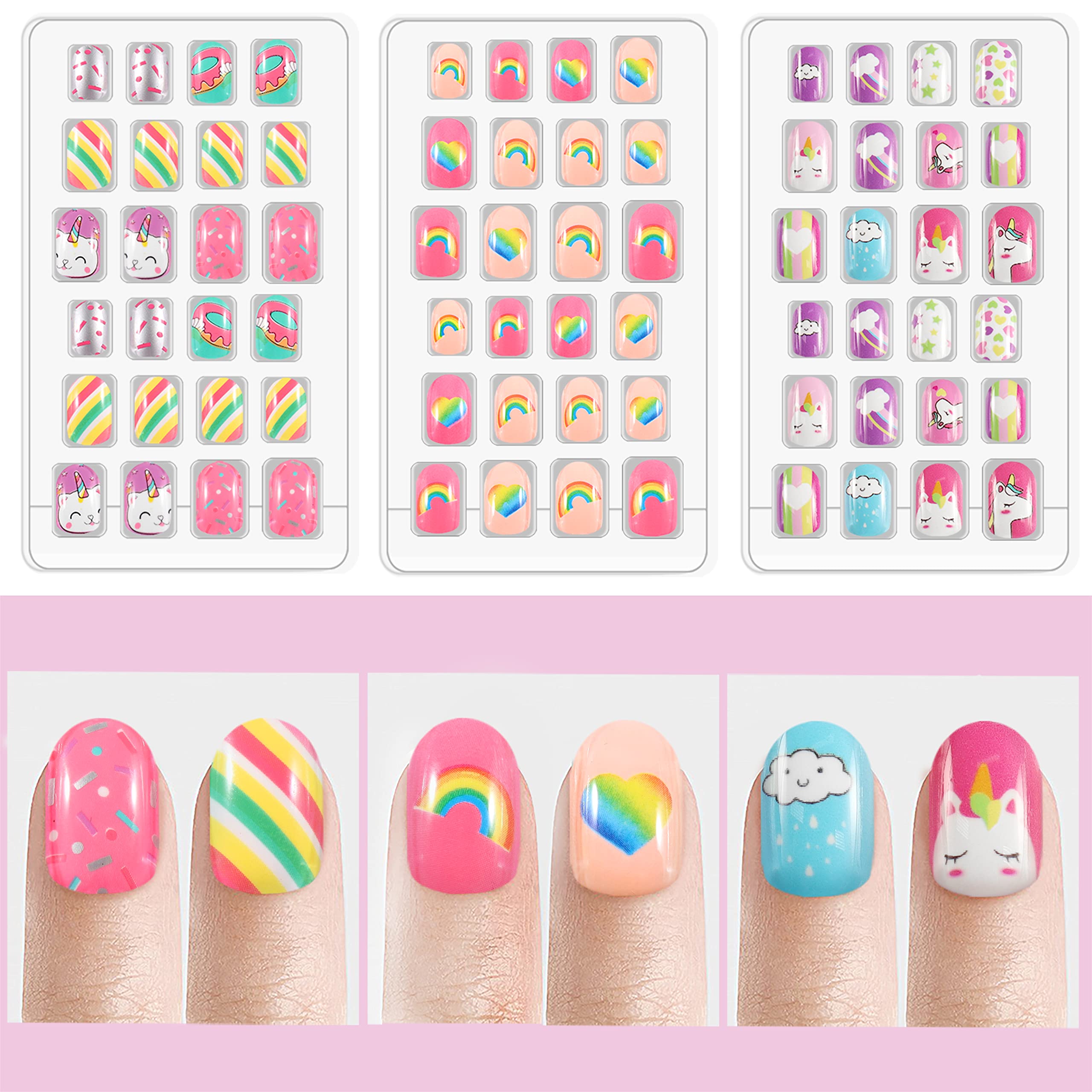 Laza 72pcs Children Nails Press On Pre-glue Full Cover Pink Yellow Blue Heart Doughnut Cloud Unicorn Short False Nail Kits for K