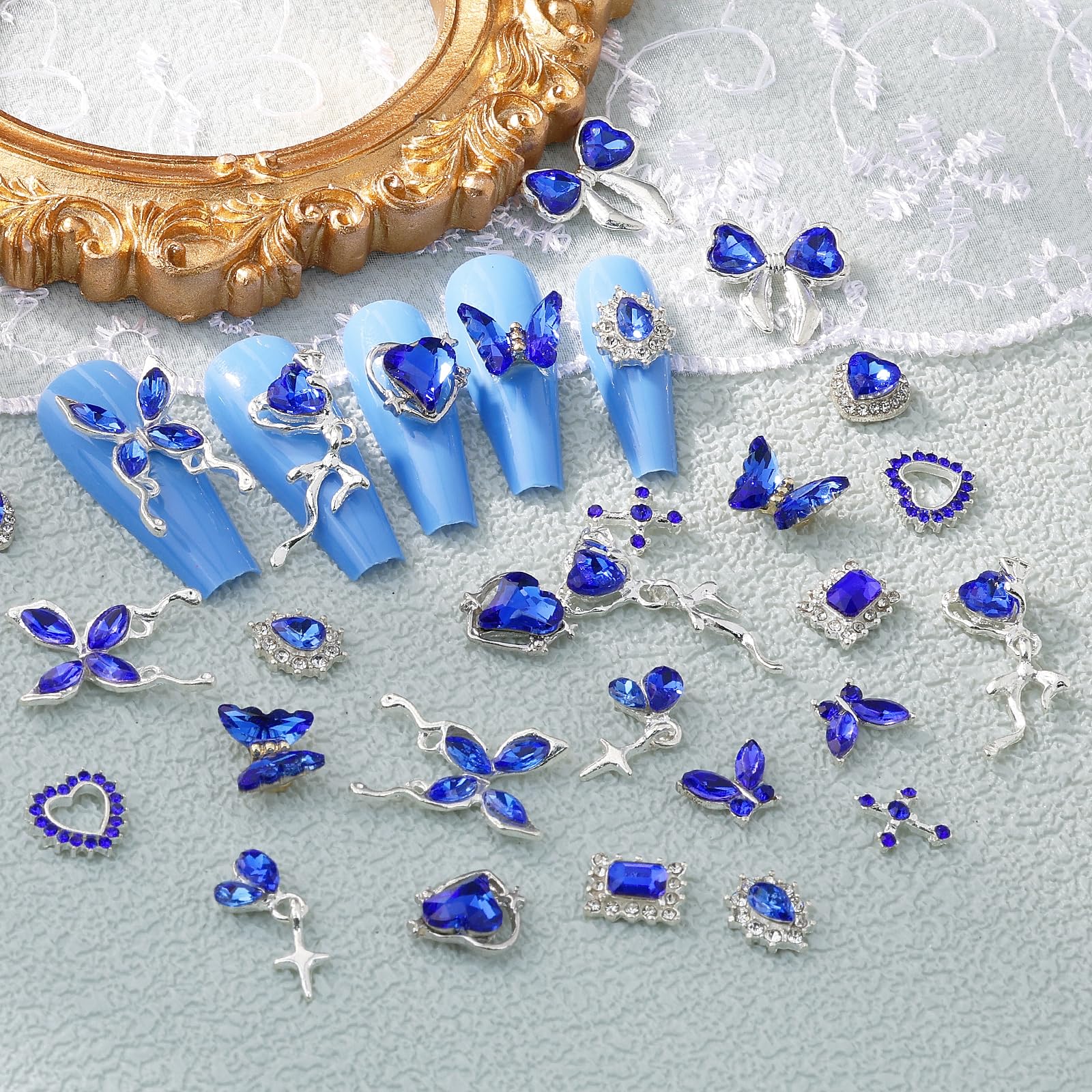 Edittime 24Pcs Silver Metal Alloy 3D Luxury Nail Rhinestones Kit Punk Y2K Star Moon Heart Love Butterfly Cross Crown Rhomboid Rh
