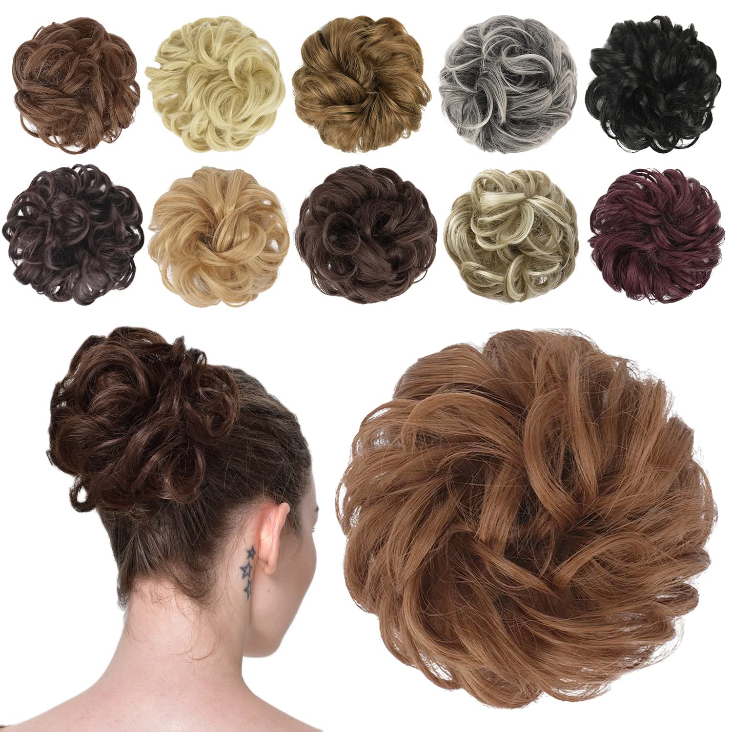 FESHFEN Messy Bun Hair Piece Hair Bun Scrunchies Synthetic Light Auburn Wavy Curly Chignon Ponytail Hair Extensions Thick Updo H