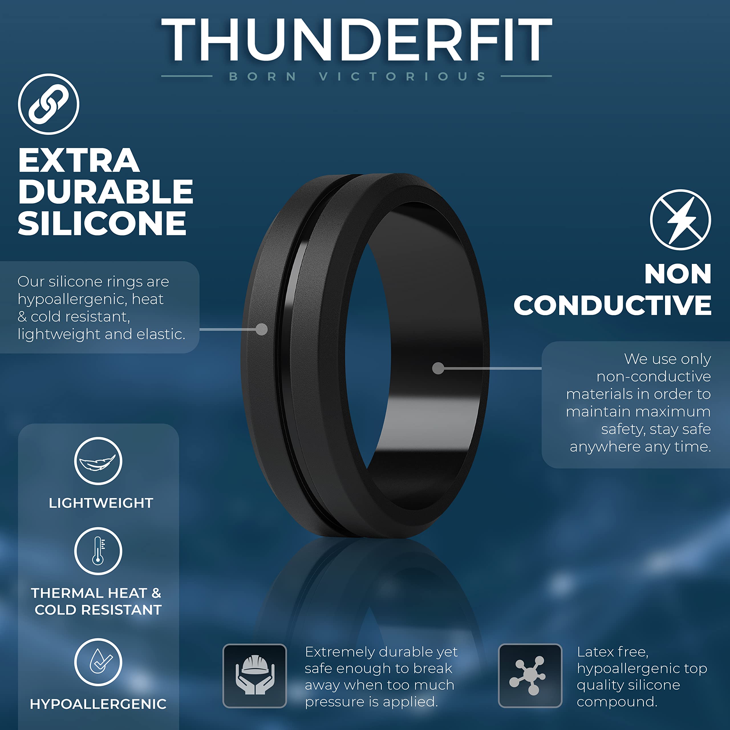 ThunderFit Silicone Wedding Rings for Men, Brushed Top Middle Engraved Line Rubber Engagement Bands 8.2mm Wide 2.5mm Thick - 1/4