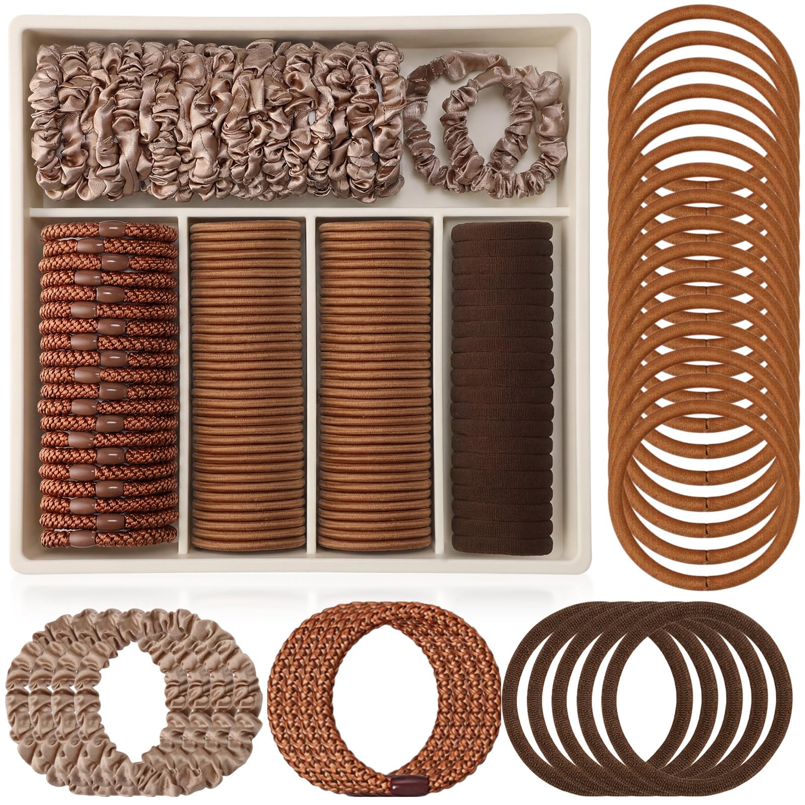 Chuangdi 160 Pack Brown Hair Ties Set, 5 Styles, Seamless Elastic Hairbands for Thick Thin Hair, Nice for Daily Use and Wrist Ac